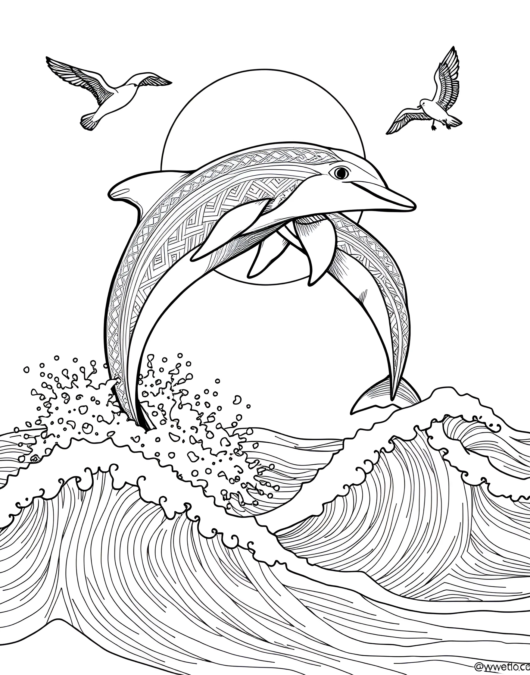 Playful Dolphins Leaping Coloring Page -- prompt: "Two dolphins jumping out of the ocean waves with a bright sun and seagulls in the sky." -- Dive into the ocean with this delightful scene of dolphins leaping joyfully out of the water. The page captures the grace and agility of these intelligent marine mammals as they arch through the air. Coloring enthusiasts can experiment with various shades of blue to create a stunning underwater backdrop for these acrobatic creatures.