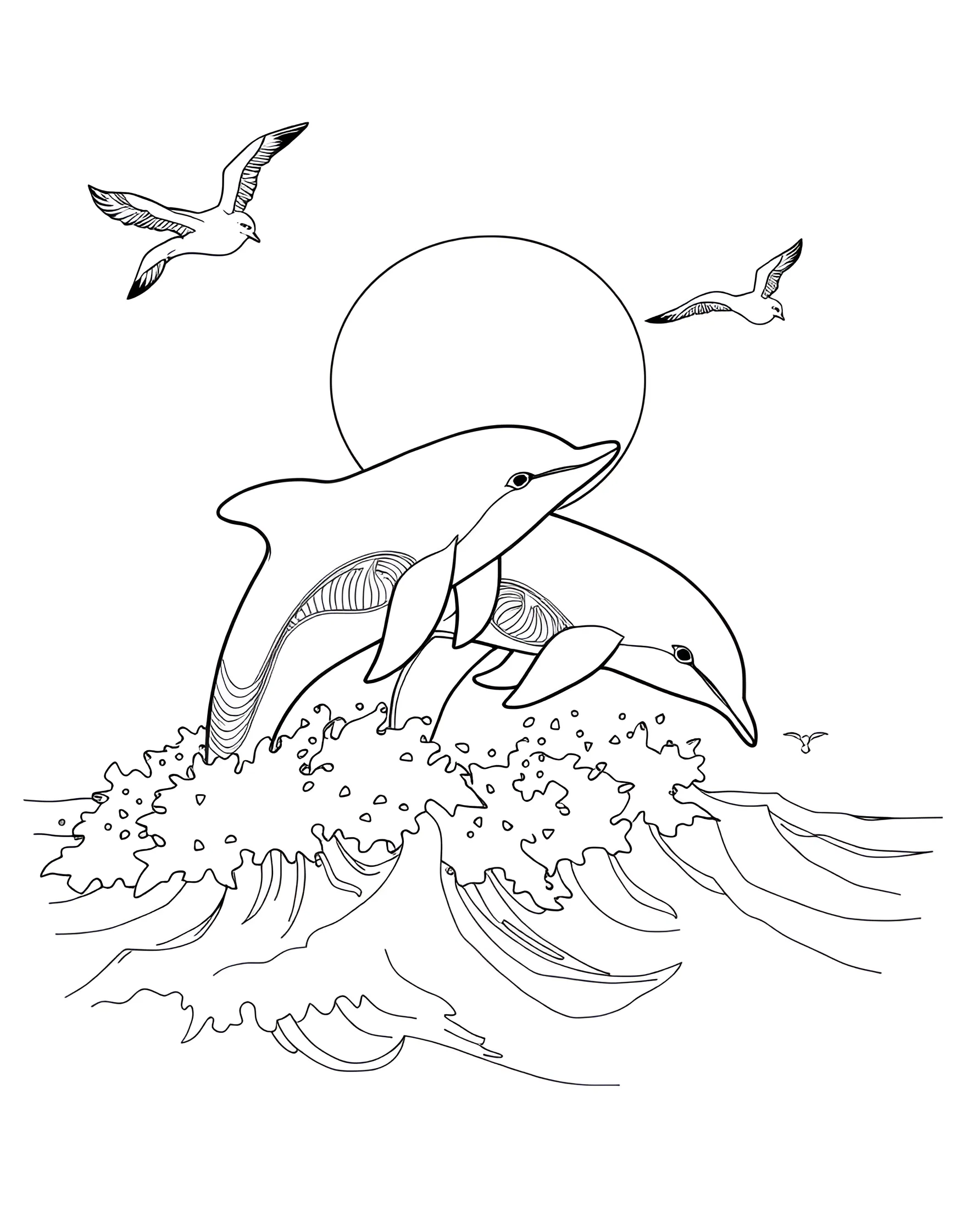 Playful Dolphins Leaping Coloring Page -- prompt: "Two dolphins jumping out of the ocean waves with a bright sun and seagulls in the sky." -- Dive into the ocean with this delightful scene of dolphins leaping joyfully out of the water. The page captures the grace and agility of these intelligent marine mammals as they arch through the air. Coloring enthusiasts can experiment with various shades of blue to create a stunning underwater backdrop for these acrobatic creatures.