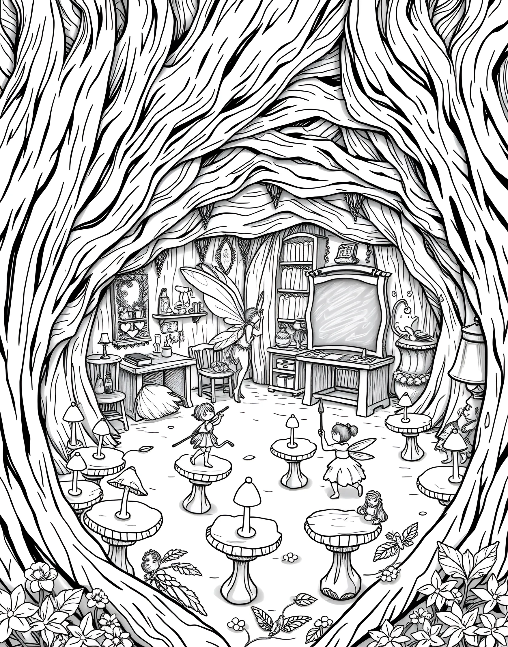 Fairy School in a Hollow Tree Coloring Page -- prompt: "A fairy school inside a hollow tree, with young fairies at acorn cap desks and a teacher fairy using a leaf as a chalkboard." -- Peek into the world of fairy education with this charming coloring page set inside a hollow tree schoolhouse. Young fairies sit at desks made from acorn caps, while a teacher fairy uses a leaf as a chalkboard. The classroom is filled with miniature books, art supplies, and magical learning tools, providing endless details to color and explore.