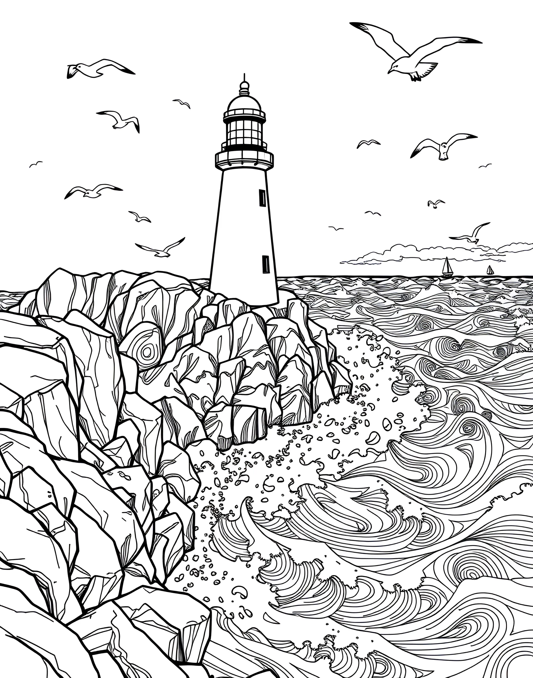 Rainbow Lighthouse Beacon Coloring Page -- prompt: "A lighthouse on a rocky shore, with its beacon emitting a rainbow-colored light across the sea." -- Guide ships to safety with this charming rainbow lighthouse coloring page. The lighthouse stands tall on a rocky shore, its beacon emitting a powerful rainbow-colored light. This scenic page offers a great mix of architectural details and natural elements to color.