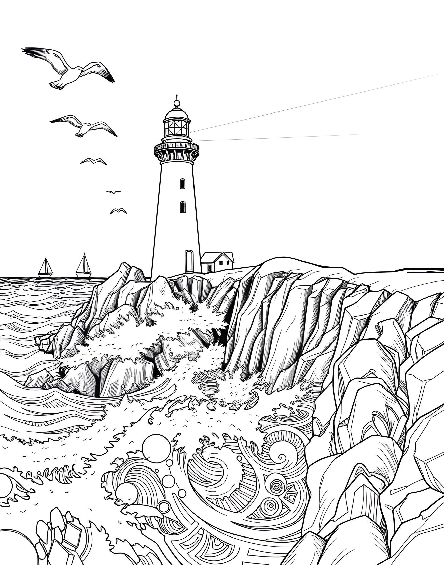 Rainbow Lighthouse Beacon Coloring Page -- prompt: "A lighthouse on a rocky shore, with its beacon emitting a rainbow-colored light across the sea." -- Guide ships to safety with this charming rainbow lighthouse coloring page. The lighthouse stands tall on a rocky shore, its beacon emitting a powerful rainbow-colored light. This scenic page offers a great mix of architectural details and natural elements to color.