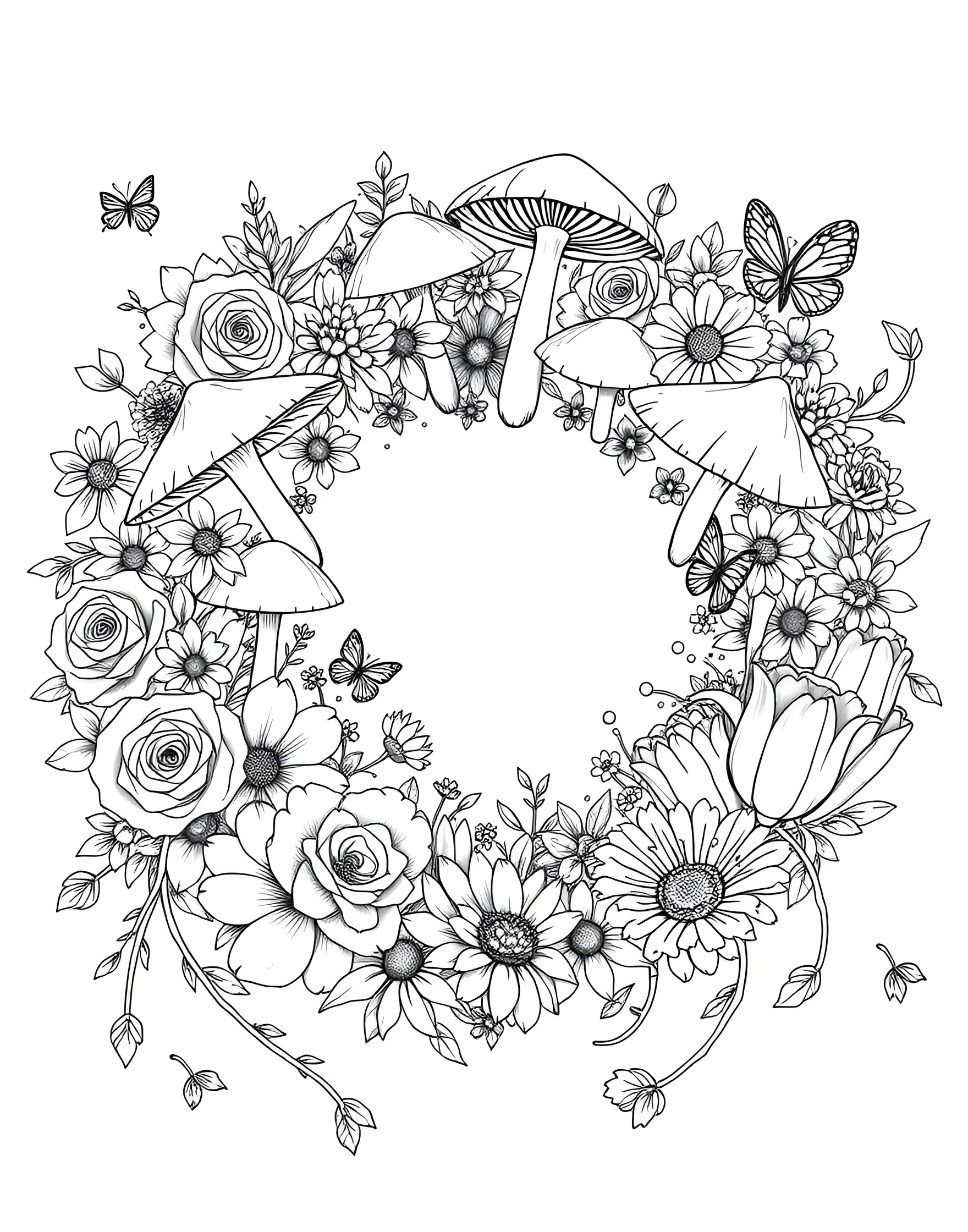 Whimsical Flower Fairy Ring Coloring Page -- prompt: "A fairy ring of mushrooms surrounded by various flowers with hints of magical creatures." -- Enter a world of magic with this whimsical flower fairy ring coloring page. A circle of mushrooms surrounded by enchanted flowers sets the stage for fairy mischief. This page is perfect for those who love adding a touch of fantasy to their floral coloring adventures.