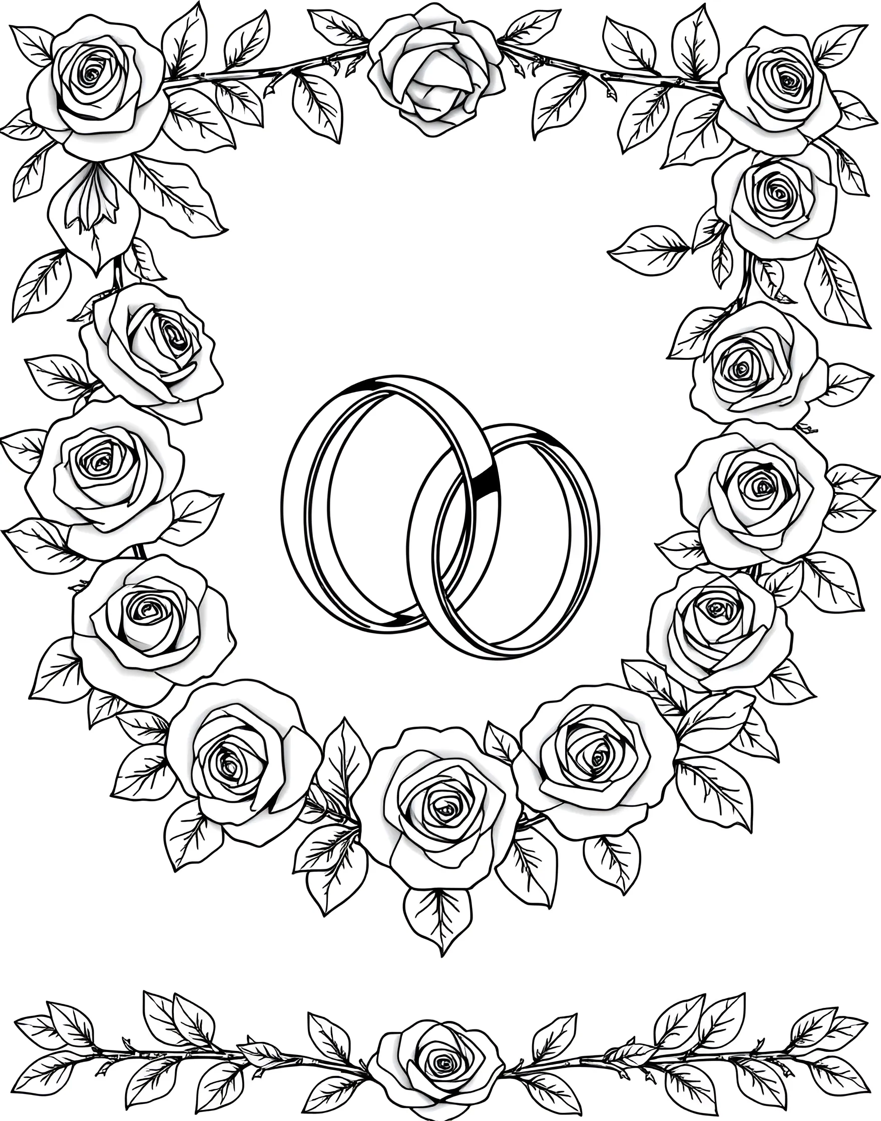 Wedding Rings and Roses Coloring Page -- prompt: "Two intertwined wedding rings surrounded by blooming roses." -- This symbolic coloring page features two intertwined wedding rings nestled among a bed of roses. The rings' details and the intricate petals of the roses offer a delightful challenge for coloring enthusiasts. This page beautifully represents the union of love and commitment.