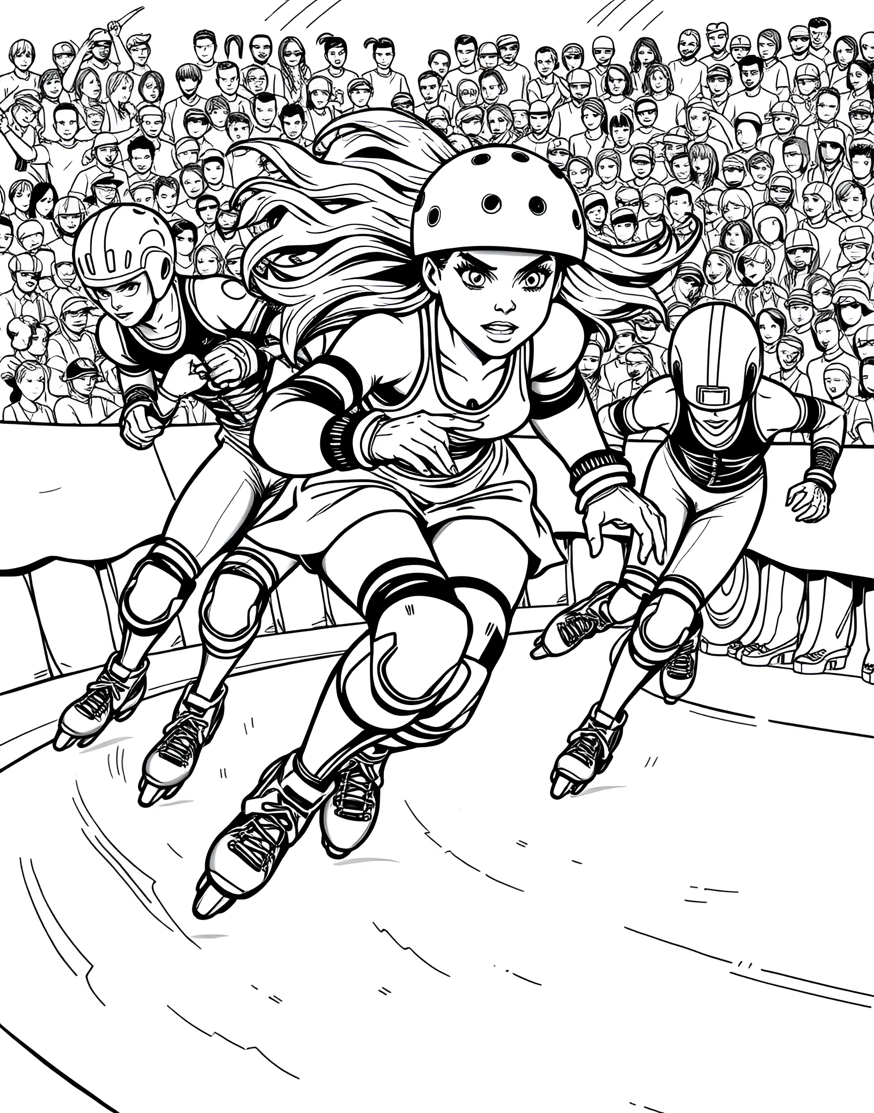 Roller Derby Girl in Action Coloring Page -- prompt: "A girl roller derby skater racing on a track, dodging opponents in a roller derby match." -- Capture the excitement of roller derby with this dynamic coloring page. A young girl skates powerfully around the track, dodging opponents in a thrilling roller derby bout. Her determined expression, protective gear, and the action-packed derby setting provide plenty of exciting details to color and bring to life.