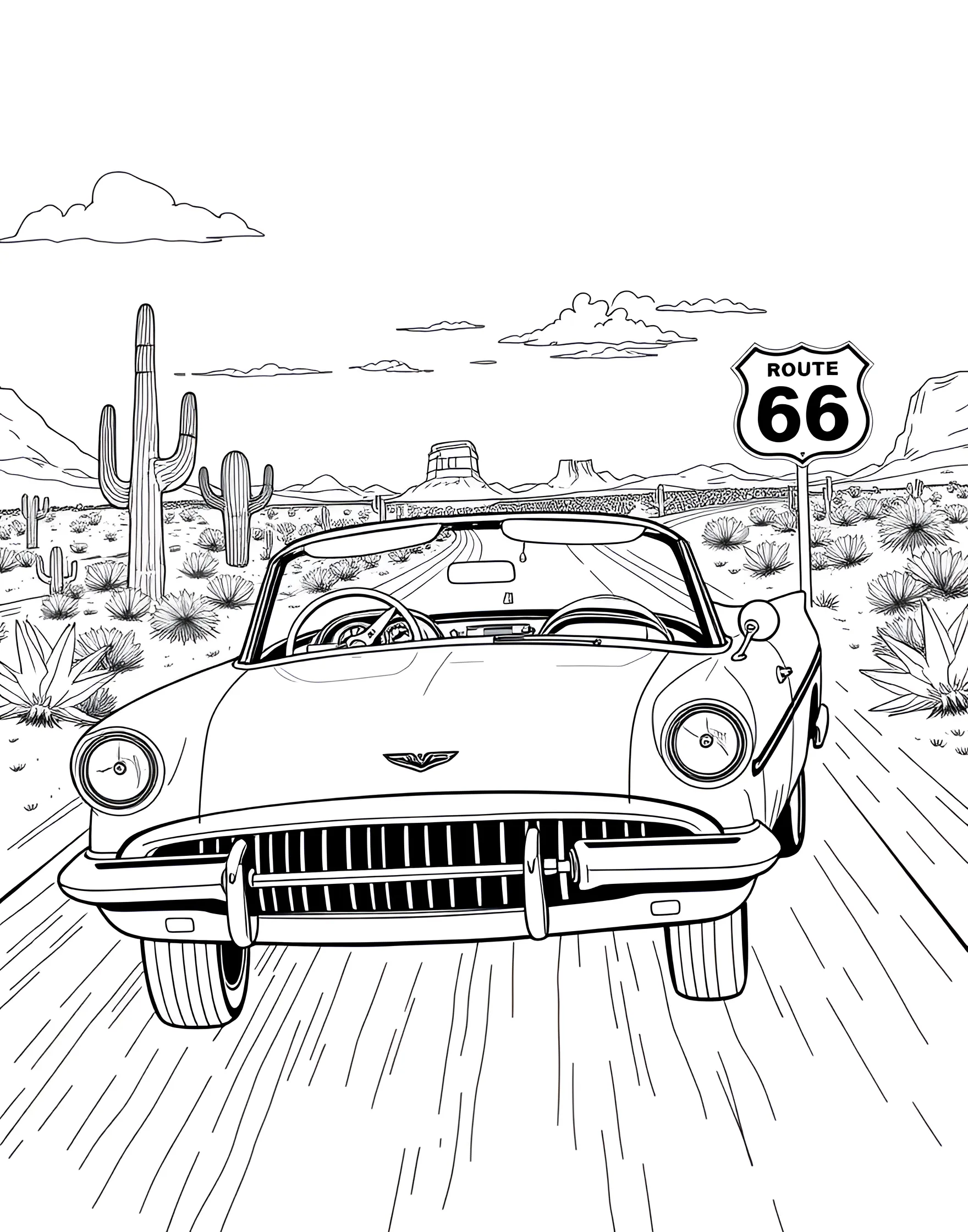 Classic Convertible Cruising Down Route 66 Coloring Page -- prompt: "A classic convertible car driving on Route 66 with desert scenery in the background." -- This delightful coloring page showcases a vintage convertible car cruising along the iconic Route 66. The sleek lines of the classic automobile contrast beautifully with the scenic desert backdrop, complete with cacti and a winding road. It's a perfect page for those who love combining the nostalgia of classic cars with the romance of the open road.