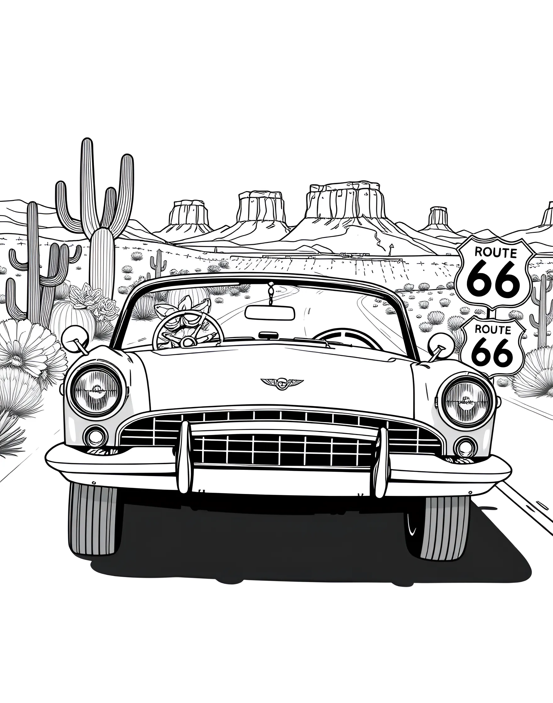 Classic Convertible Cruising Down Route 66 Coloring Page -- prompt: "A classic convertible car driving on Route 66 with desert scenery in the background." -- This delightful coloring page showcases a vintage convertible car cruising along the iconic Route 66. The sleek lines of the classic automobile contrast beautifully with the scenic desert backdrop, complete with cacti and a winding road. It's a perfect page for those who love combining the nostalgia of classic cars with the romance of the open road.