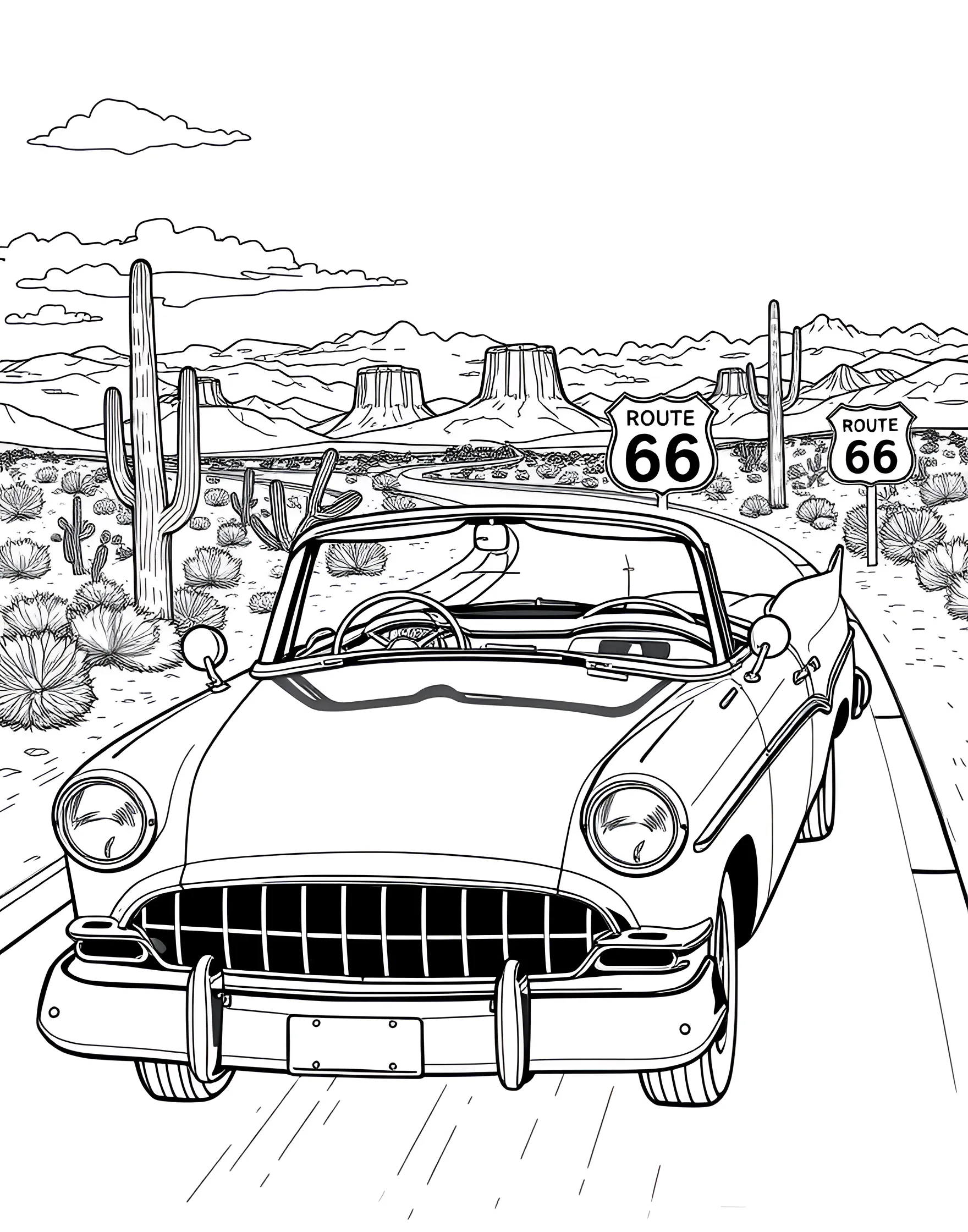 Classic Convertible Cruising Down Route 66 Coloring Page -- prompt: "A classic convertible car driving on Route 66 with desert scenery in the background." -- This delightful coloring page showcases a vintage convertible car cruising along the iconic Route 66. The sleek lines of the classic automobile contrast beautifully with the scenic desert backdrop, complete with cacti and a winding road. It's a perfect page for those who love combining the nostalgia of classic cars with the romance of the open road.