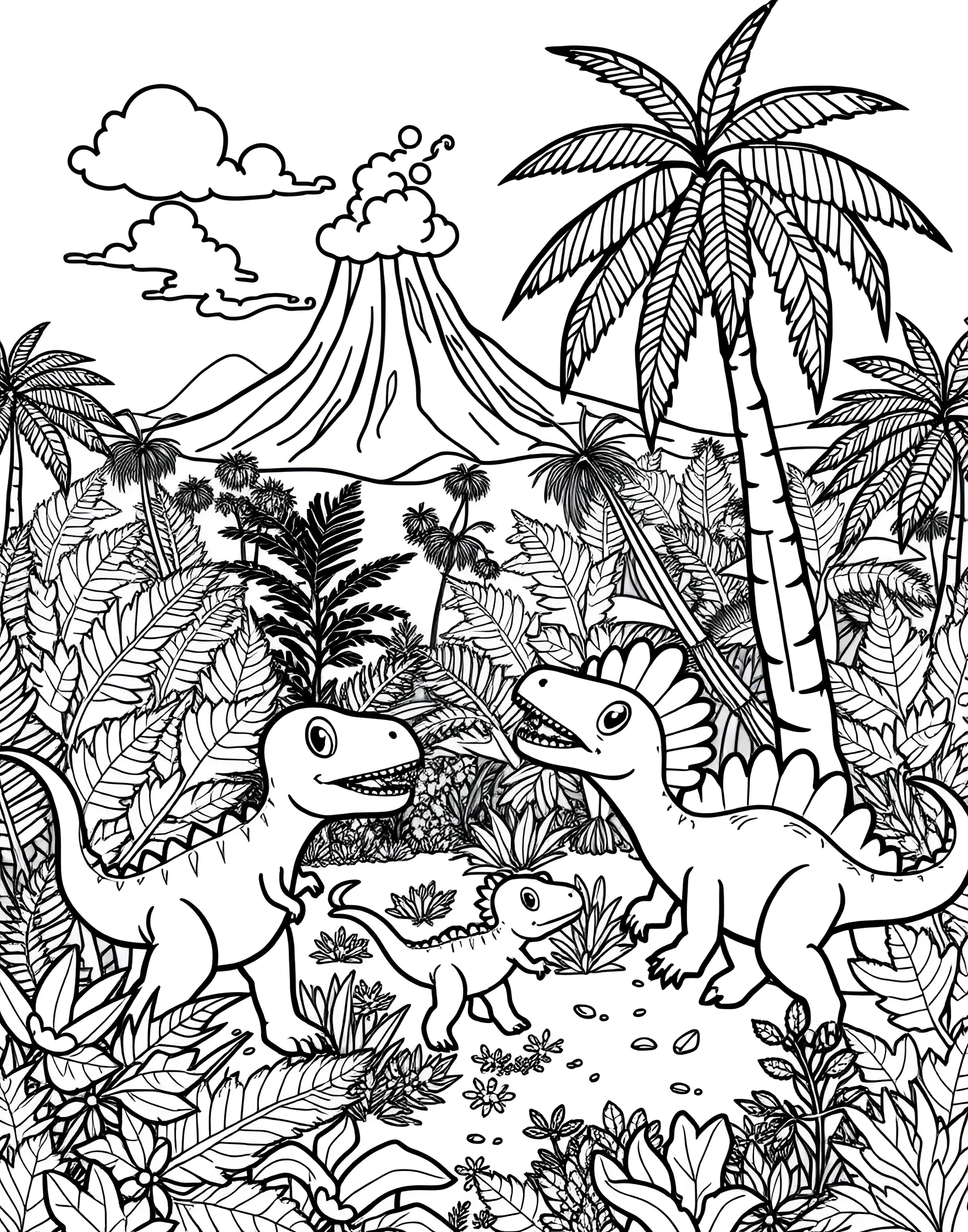 Baby Dinosaur's Prehistoric Playground Coloring Page -- prompt: "Cute baby dinosaurs playing in a prehistoric landscape with volcanoes and giant plants." -- Journey back in time with this cute coloring page featuring baby dinosaurs at play in a prehistoric setting. The page shows various species of adorable baby dinos sliding down volcanoes, swinging on vines, and playing hide-and-seek behind giant ferns. It's a perfect blend of cuteness and prehistoric adventure.