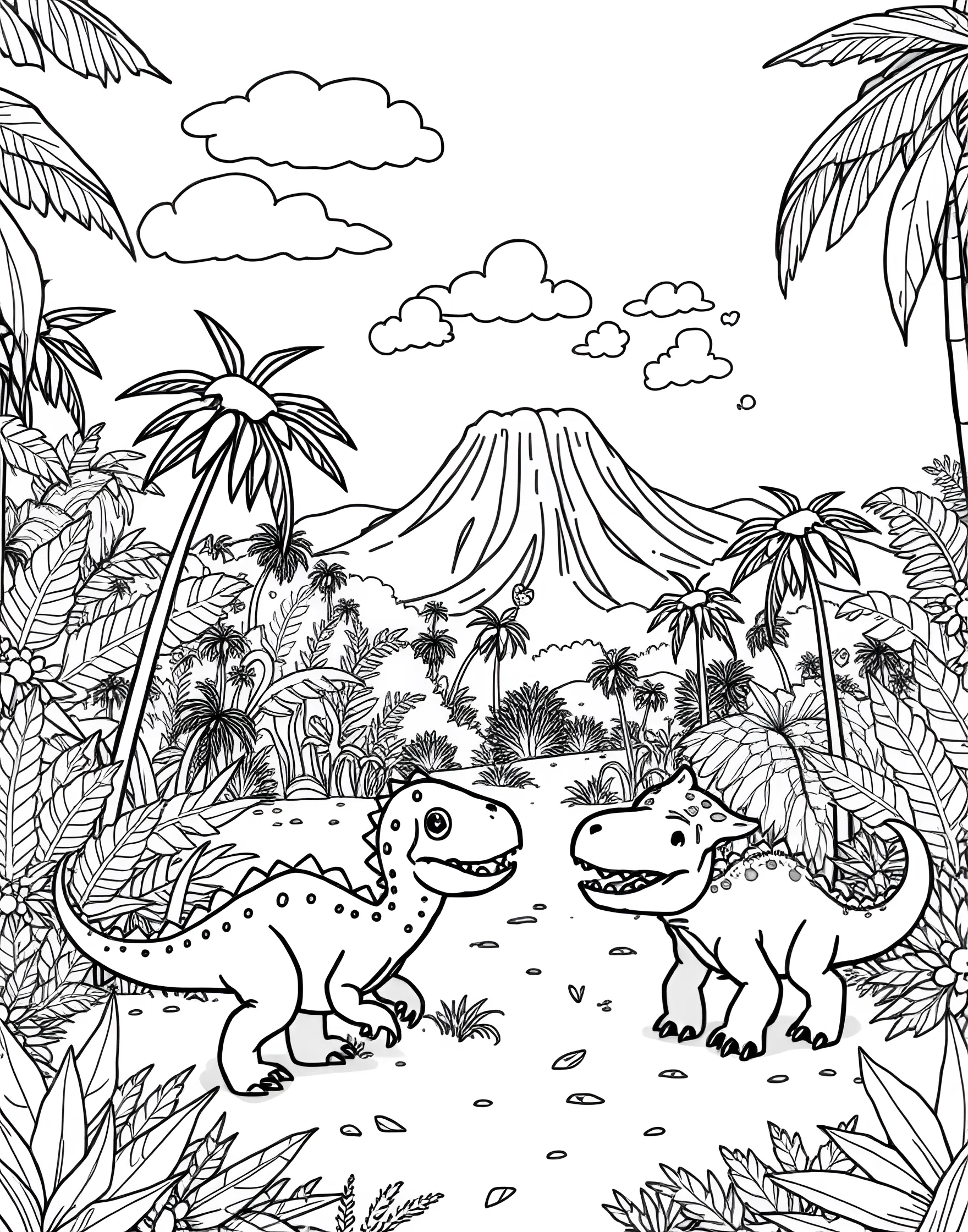 Baby Dinosaur's Prehistoric Playground Coloring Page -- prompt: "Cute baby dinosaurs playing in a prehistoric landscape with volcanoes and giant plants." -- Journey back in time with this cute coloring page featuring baby dinosaurs at play in a prehistoric setting. The page shows various species of adorable baby dinos sliding down volcanoes, swinging on vines, and playing hide-and-seek behind giant ferns. It's a perfect blend of cuteness and prehistoric adventure.