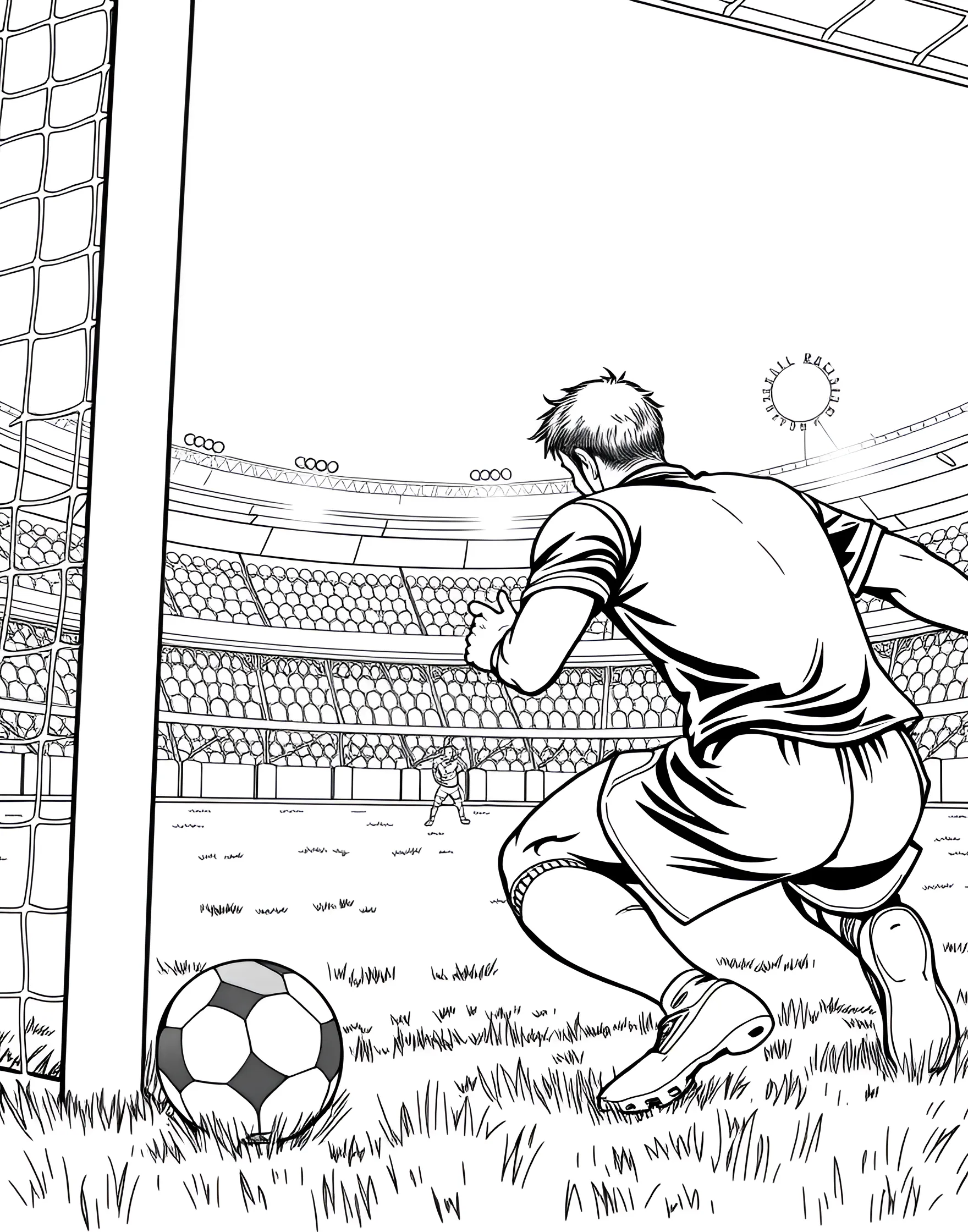 Soccer Penalty Kick Moment Coloring Page -- prompt: "A soccer player preparing to take a penalty kick, facing off against the goalkeeper." -- This suspenseful coloring page captures the moment of a penalty kick. It shows the kicker facing off against the goalkeeper, with the ball placed on the penalty spot. The tense poses of both players convey the high-stakes nature of the situation.