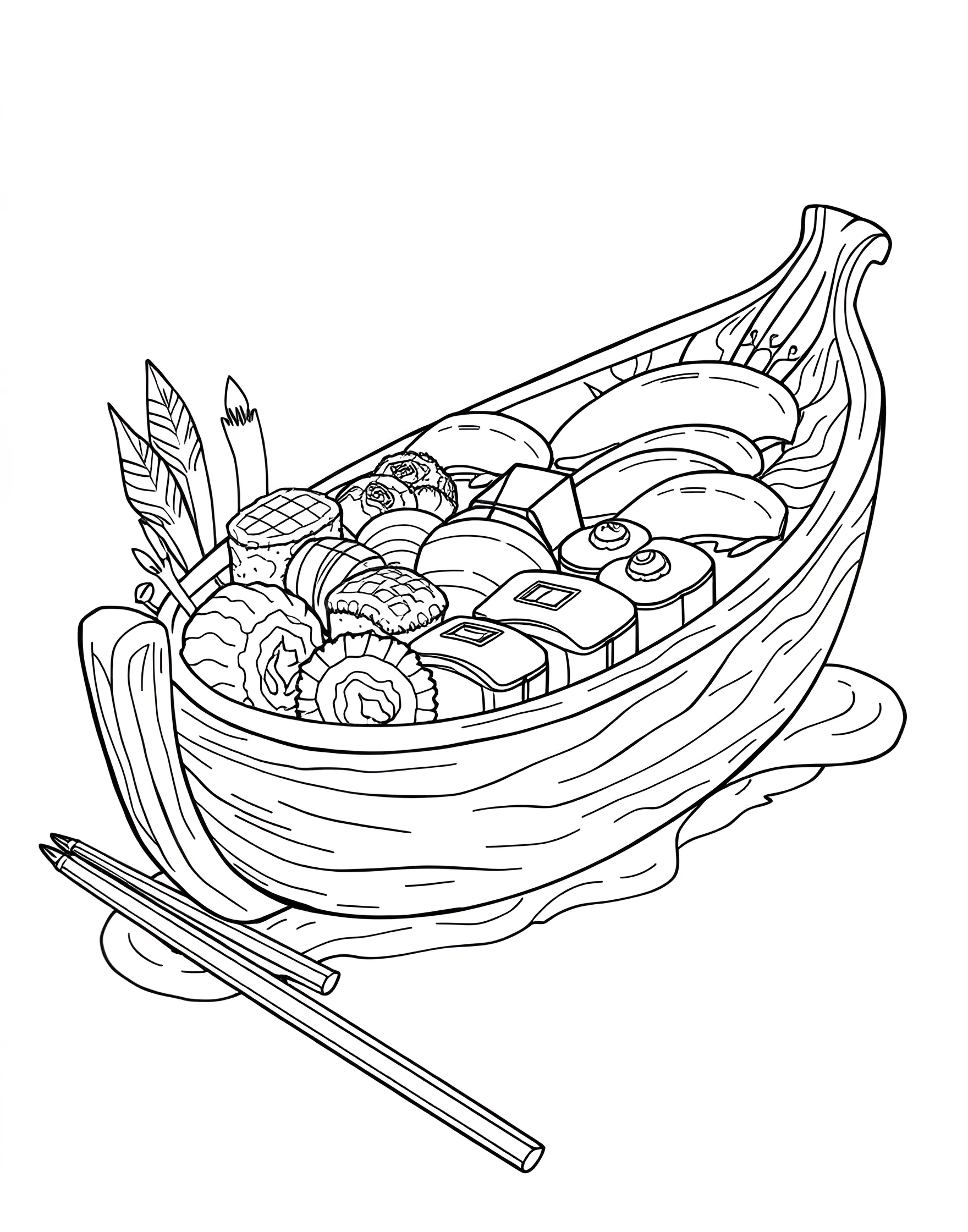 Sushi Boat Adventure Coloring Page -- prompt: "A wooden boat filled with various types of sushi, including rolls, nigiri, and sashimi." -- Set sail on a sushi adventure with this unique coloring page. A wooden boat is filled with an assortment of sushi rolls, sashimi, and nigiri. The intricate details of each piece of sushi offer a fun challenge for coloring enthusiasts.