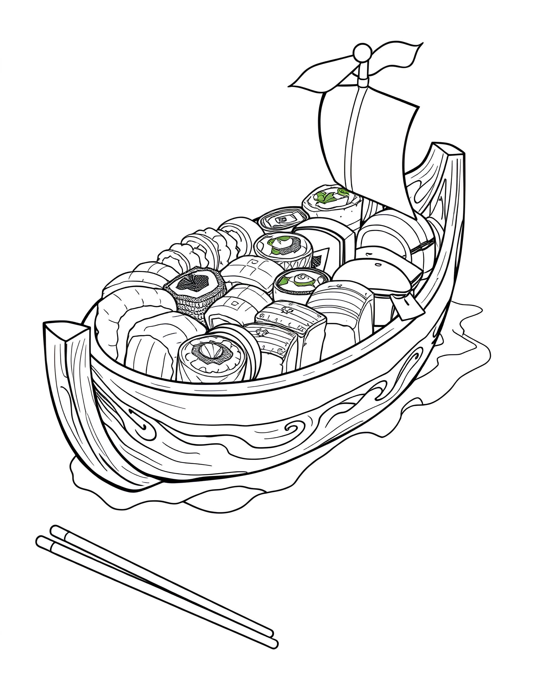 Sushi Boat Adventure Coloring Page -- prompt: "A wooden boat filled with various types of sushi, including rolls, nigiri, and sashimi." -- Set sail on a sushi adventure with this unique coloring page. A wooden boat is filled with an assortment of sushi rolls, sashimi, and nigiri. The intricate details of each piece of sushi offer a fun challenge for coloring enthusiasts.