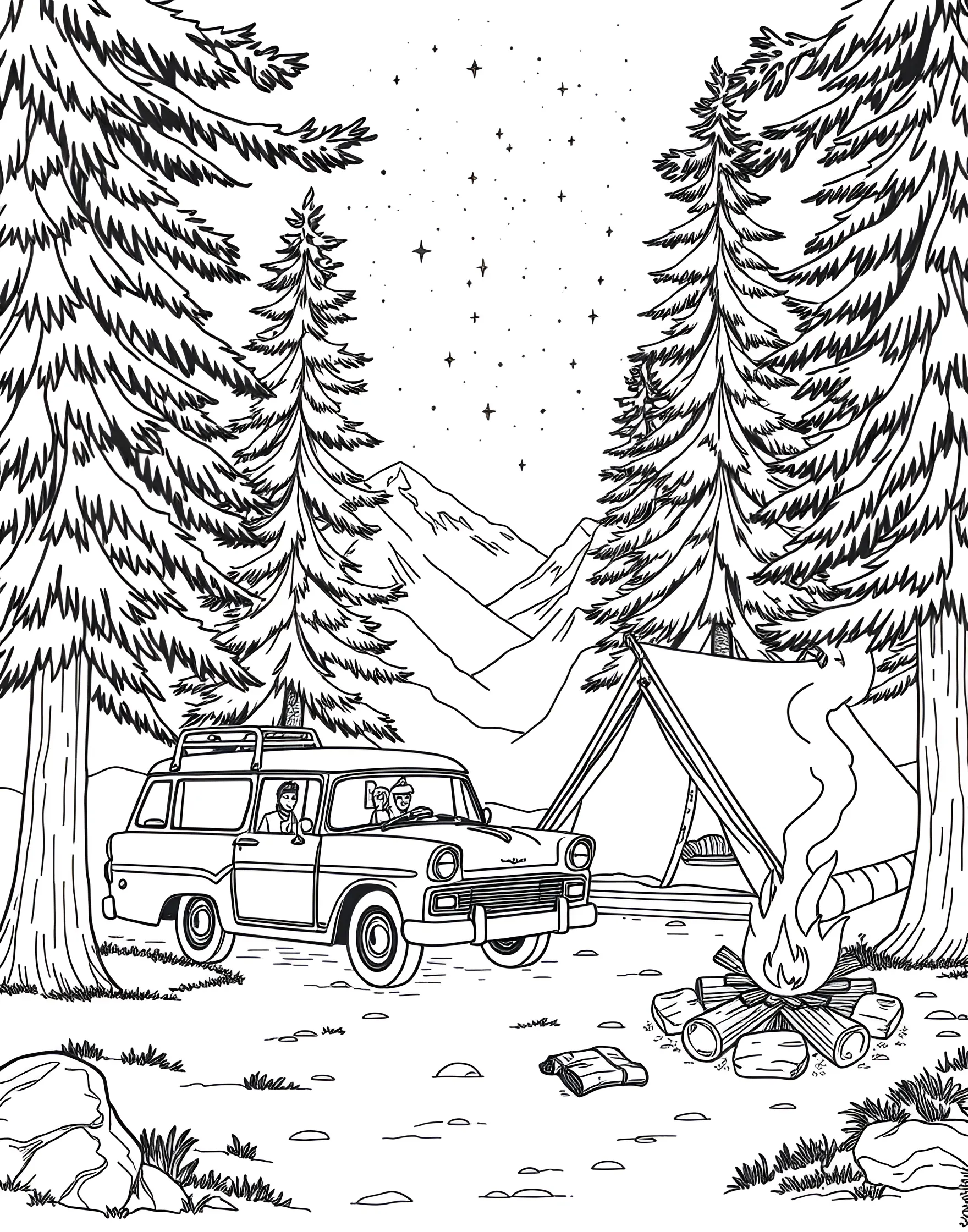 Car Camping in a National Park Coloring Page -- prompt: "A car parked at a campsite in a national park with a tent, campfire, and natural surroundings visible." -- Embrace the great outdoors with this serene coloring page depicting car camping in a national park. The scene shows a car parked near a tent, surrounded by majestic trees, wildlife, and perhaps a campfire. It's perfect for kids who love both cars and nature adventures.