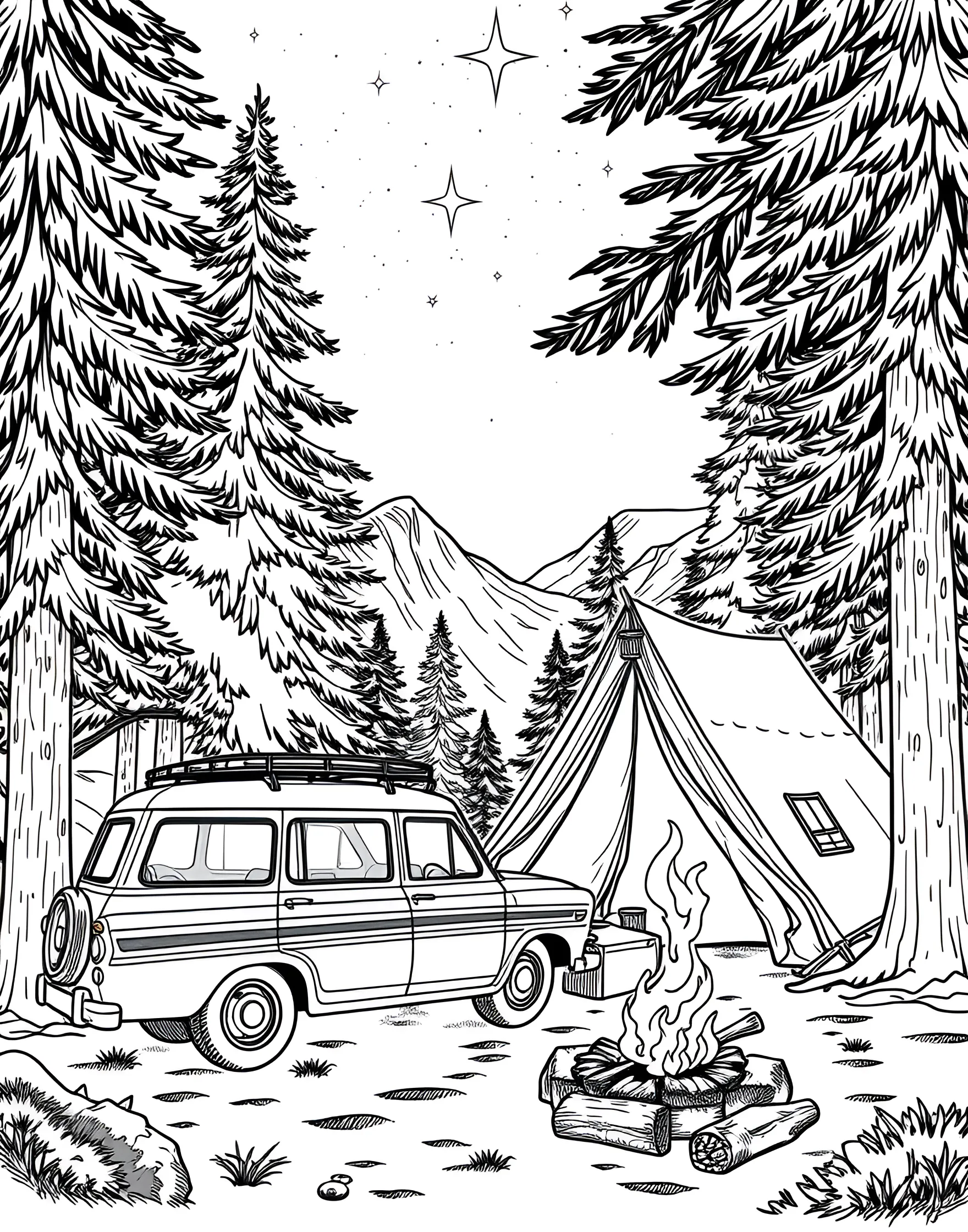 Car Camping in a National Park Coloring Page -- prompt: "A car parked at a campsite in a national park with a tent, campfire, and natural surroundings visible." -- Embrace the great outdoors with this serene coloring page depicting car camping in a national park. The scene shows a car parked near a tent, surrounded by majestic trees, wildlife, and perhaps a campfire. It's perfect for kids who love both cars and nature adventures.