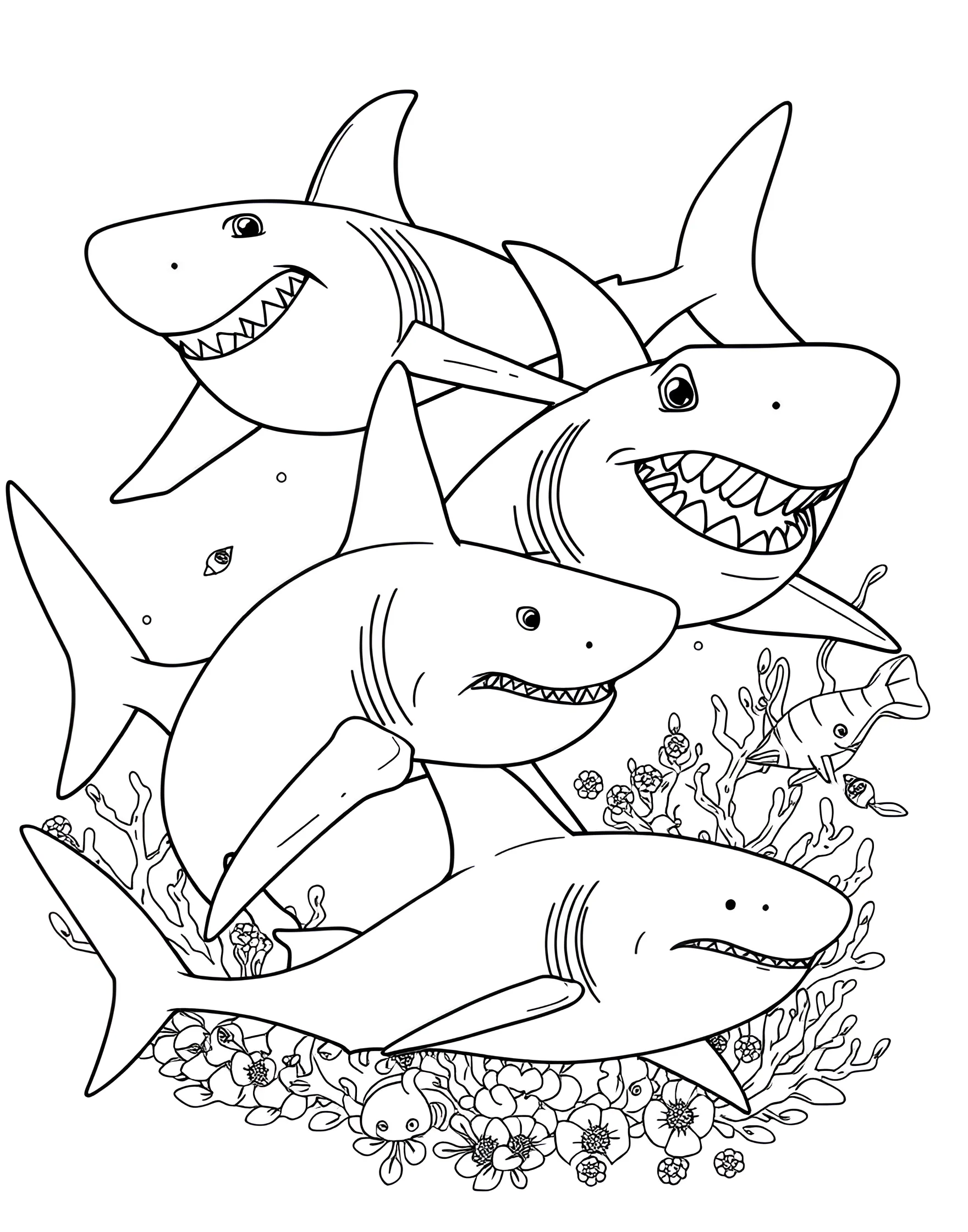 Shark Personality Types Coloring Page -- prompt: "Multiple shark species with different 'personality' traits expressed through varied facial expressions and poses." -- Explore the diverse personalities of different shark species in this fun and educational coloring page. The design features several shark species, each with a distinct 'personality' trait illustrated through facial expressions and body language. It's a great way to learn about shark diversity while adding a touch of humor to your coloring session.