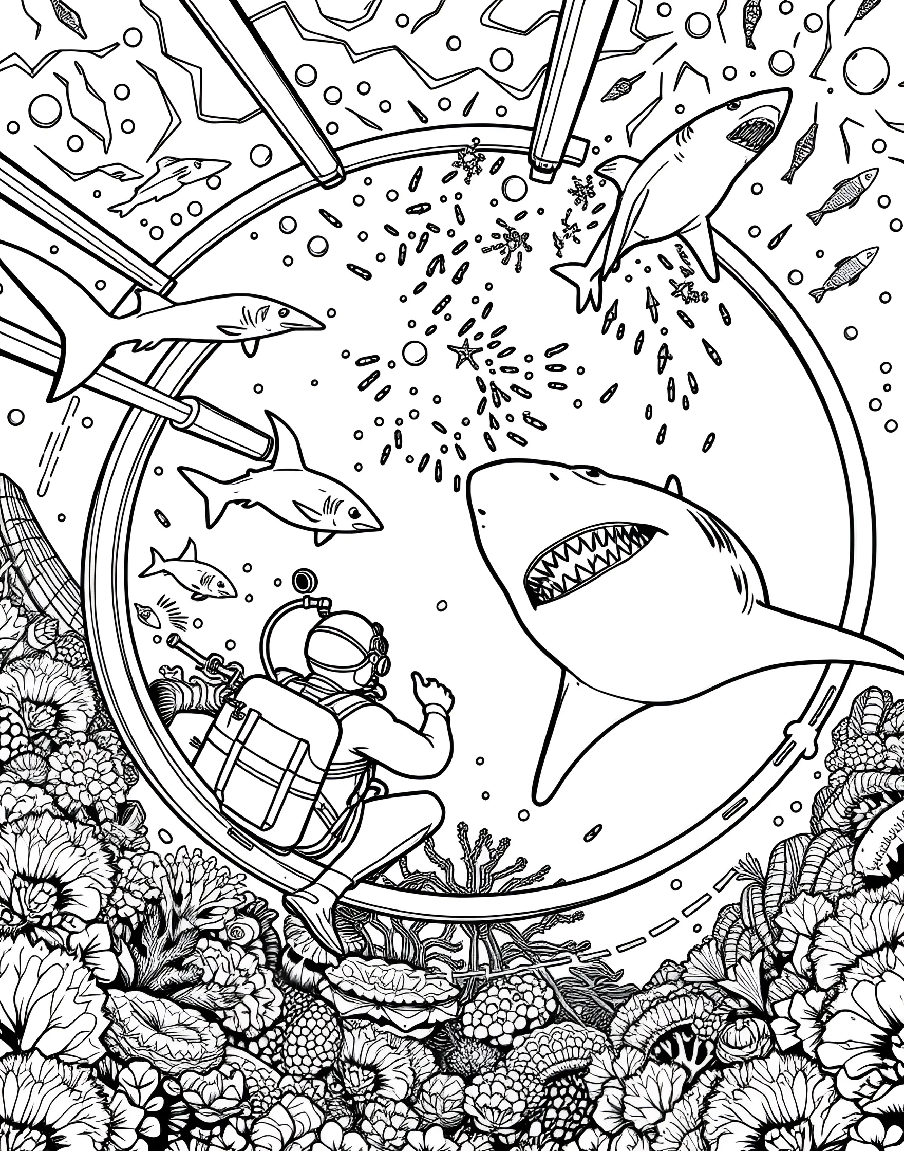 Shark Cage Diving Adventure Coloring Page -- prompt: "Divers in a shark cage observing great white sharks swimming around them in open water." -- Experience the thrill of shark cage diving with this exciting coloring page. The scene shows divers in a protective cage observing sharks up close in their natural habitat. This page is perfect for adventure enthusiasts and those curious about marine ecotourism.