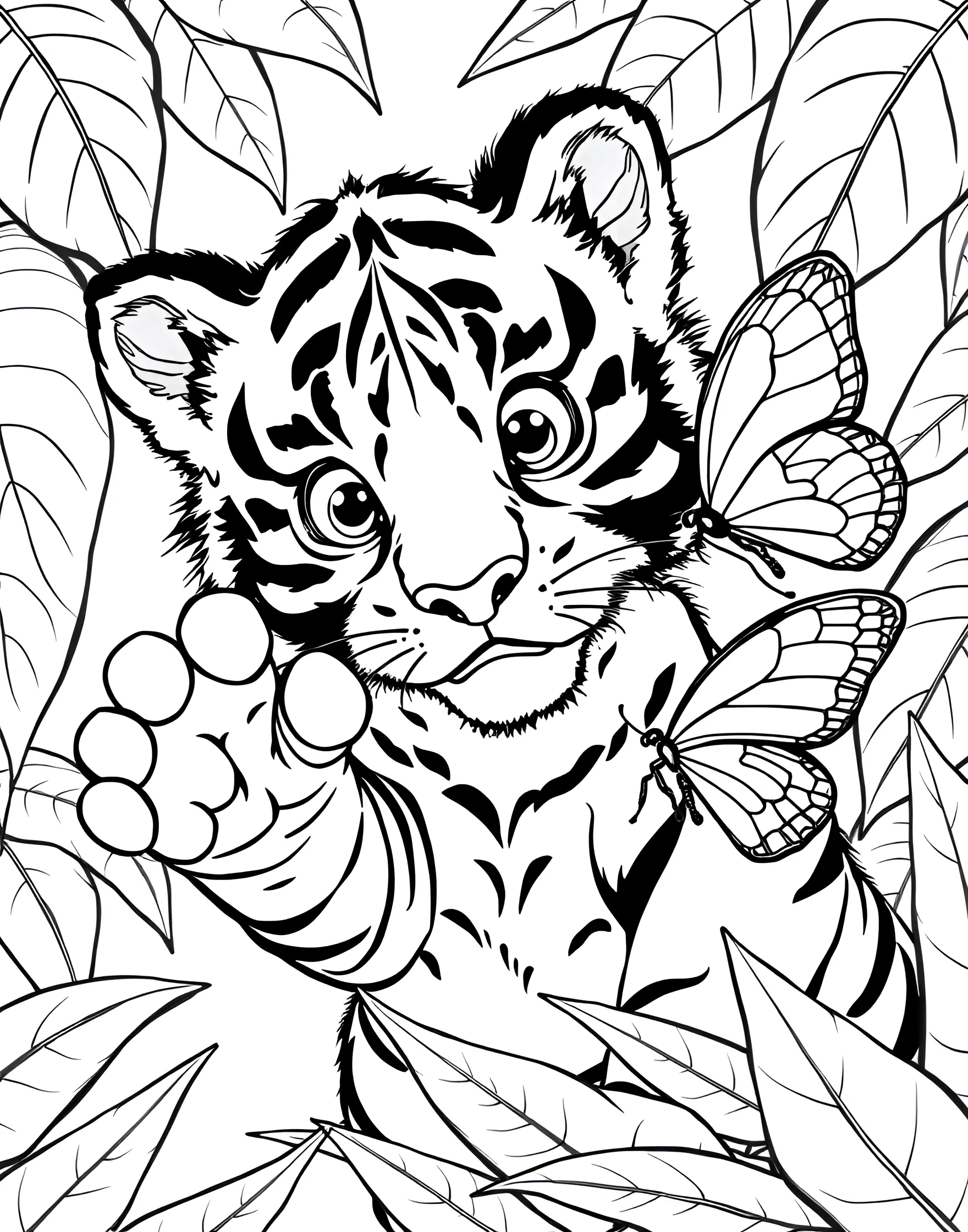 Tiger Cub Playing with Butterfly Coloring Page -- prompt: "A tiger cub playing with a butterfly, batting at it with its paw." -- This charming coloring page showcases the playful side of a curious tiger cub. The young tiger is shown batting at a butterfly with its paw, its eyes wide with wonder. This adorable scene is perfect for those who love cute animal interactions.