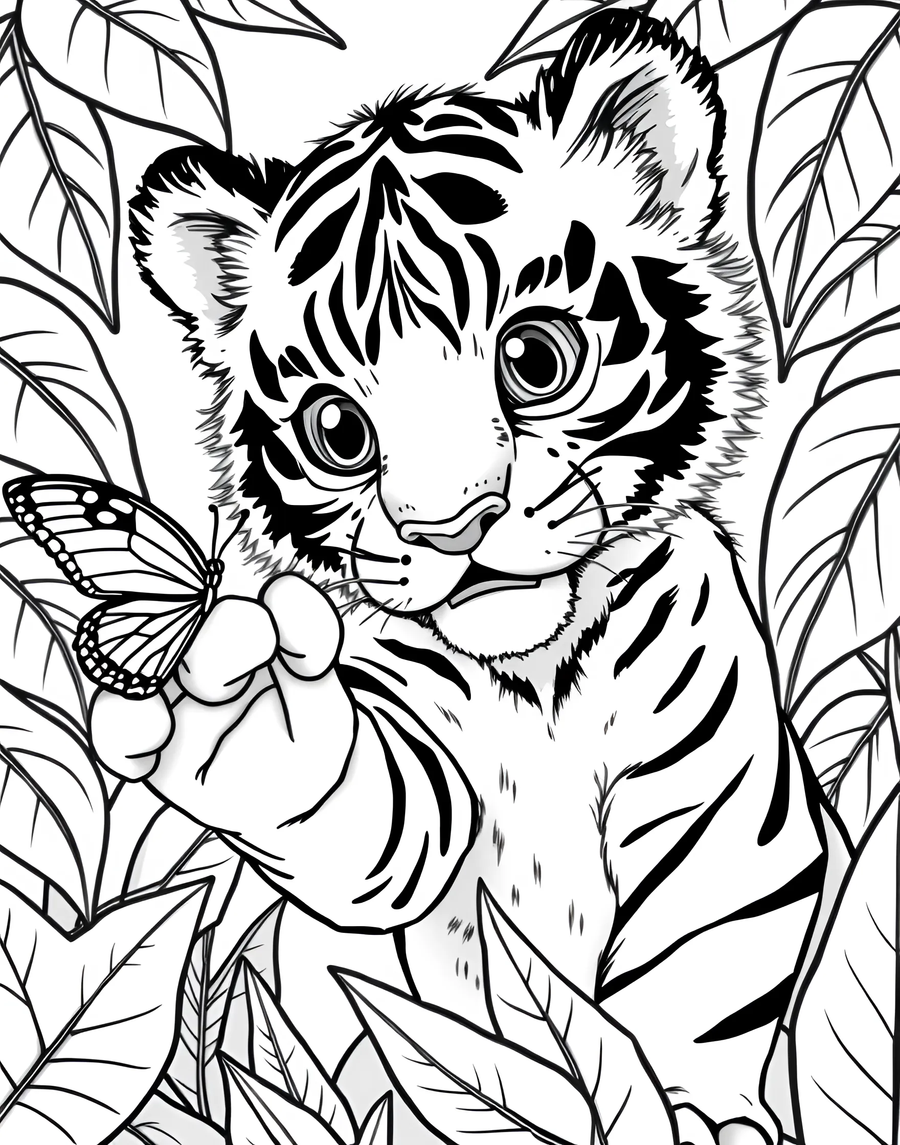 Tiger Cub Playing with Butterfly Coloring Page -- prompt: "A tiger cub playing with a butterfly, batting at it with its paw." -- This charming coloring page showcases the playful side of a curious tiger cub. The young tiger is shown batting at a butterfly with its paw, its eyes wide with wonder. This adorable scene is perfect for those who love cute animal interactions.