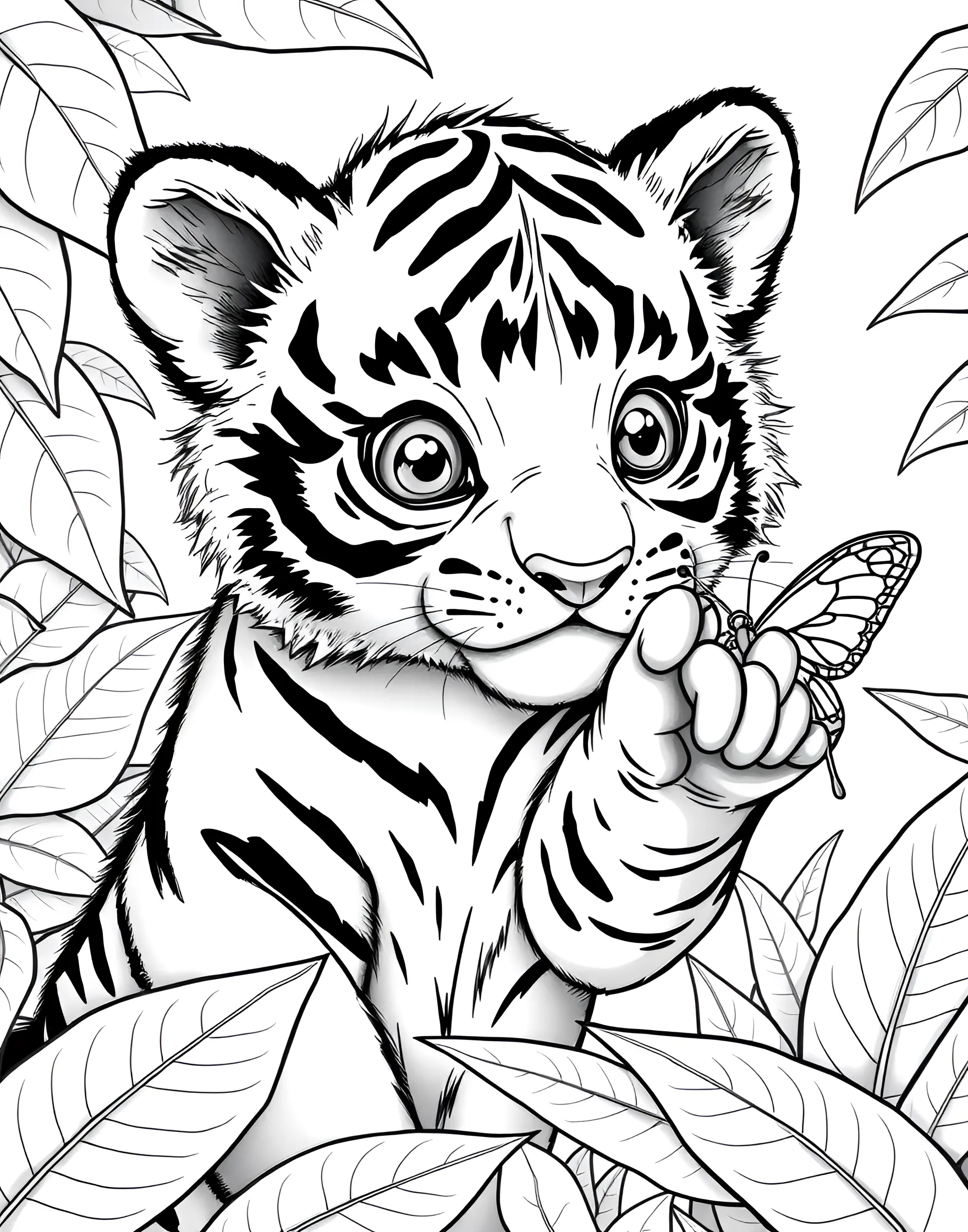 Tiger Cub Playing with Butterfly Coloring Page -- prompt: "A tiger cub playing with a butterfly, batting at it with its paw." -- This charming coloring page showcases the playful side of a curious tiger cub. The young tiger is shown batting at a butterfly with its paw, its eyes wide with wonder. This adorable scene is perfect for those who love cute animal interactions.