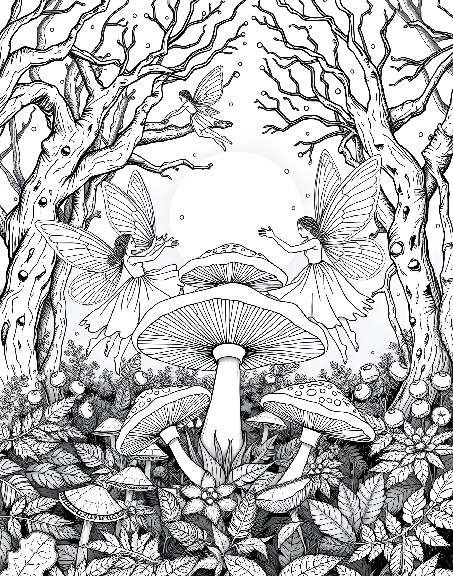 Fairy Ring Dance at Twilight Coloring Page -- prompt: "A group of fairies dancing in a circle around glowing mushrooms in a moonlit forest clearing." -- This mystical coloring page depicts a circle of fairies holding hands and dancing in a moonlit forest clearing. Each fairy has unique wings and attire, and they dance around a ring of glowing mushrooms. The background features silhouettes of trees and twinkling stars, creating a magical atmosphere.