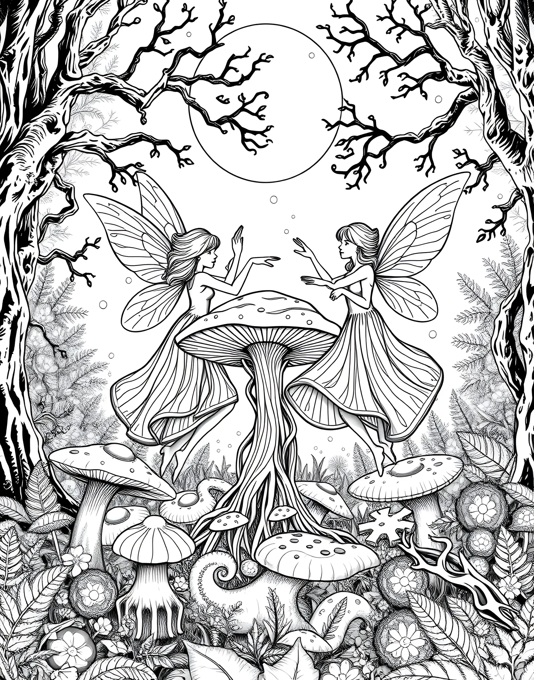 Fairy Ring Dance at Twilight Coloring Page -- prompt: "A group of fairies dancing in a circle around glowing mushrooms in a moonlit forest clearing." -- This mystical coloring page depicts a circle of fairies holding hands and dancing in a moonlit forest clearing. Each fairy has unique wings and attire, and they dance around a ring of glowing mushrooms. The background features silhouettes of trees and twinkling stars, creating a magical atmosphere.