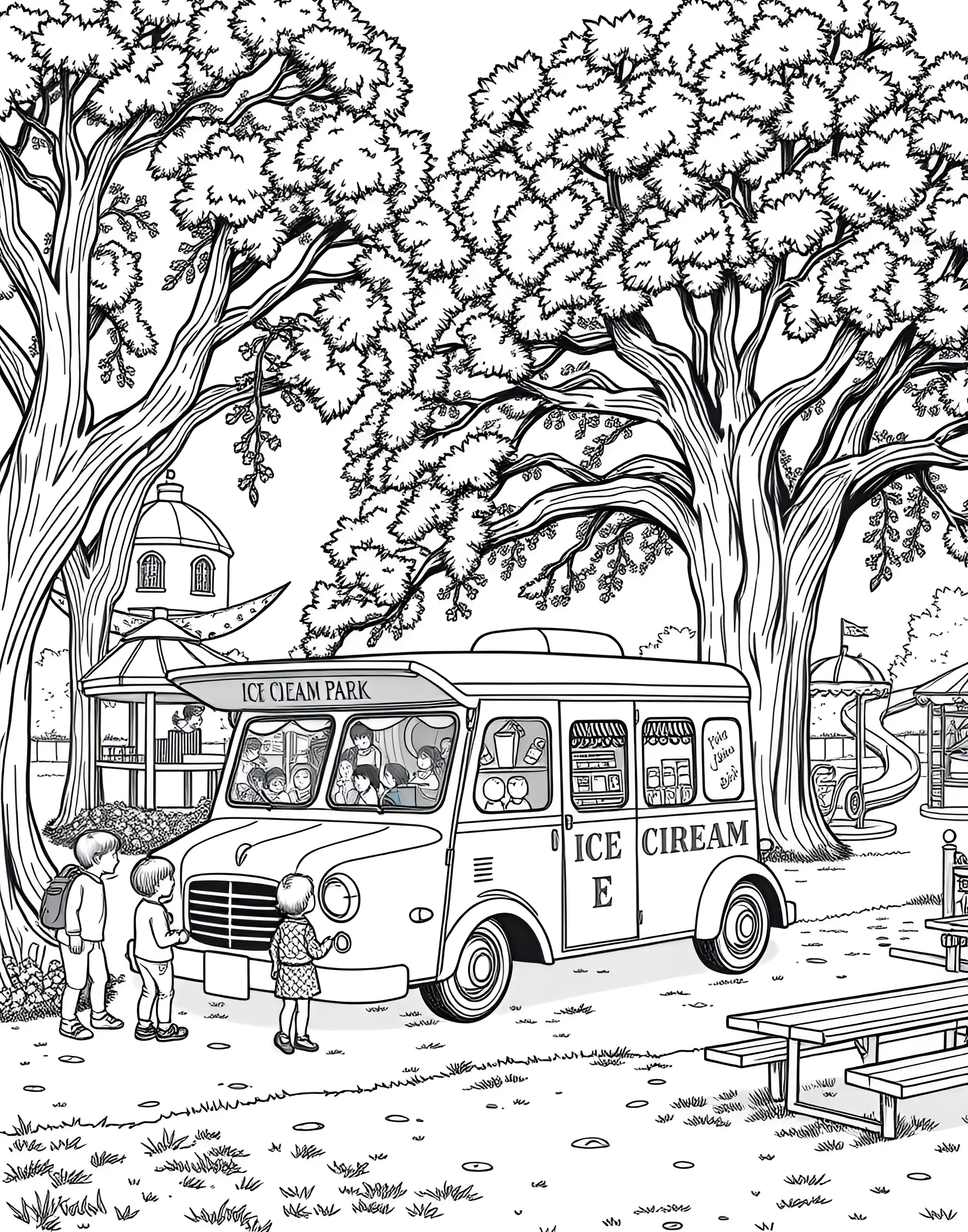 Ice Cream Truck in the Park Coloring Page -- prompt: "An ice cream truck parked in a park with children, trees, and playground equipment around it." -- Bring a smile to your face with this cheerful coloring page featuring an ice cream truck in a sunny park. The whimsical vehicle is decorated with colorful designs and menu items, parked near playground equipment and happy children. It's a sweet treat for young artists who love summer fun and tasty desserts.