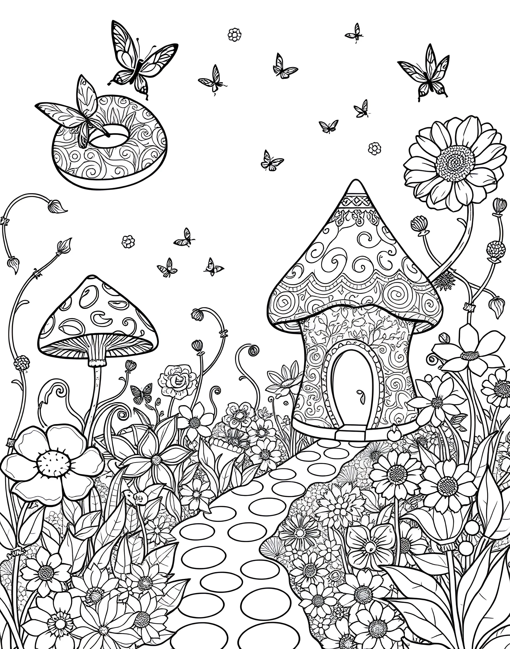 Donut Fairy Garden Coloring Page -- prompt: "A magical garden with fairy donuts, oversized flowers, and mushroom houses made of pastry." -- Enter a magical world with this donut fairy garden coloring page. Tiny fairy donuts flit among oversized flowers and mushroom houses made of pastry. It's an enchanting page that brings together the whimsy of fairy tales and the sweetness of donuts.