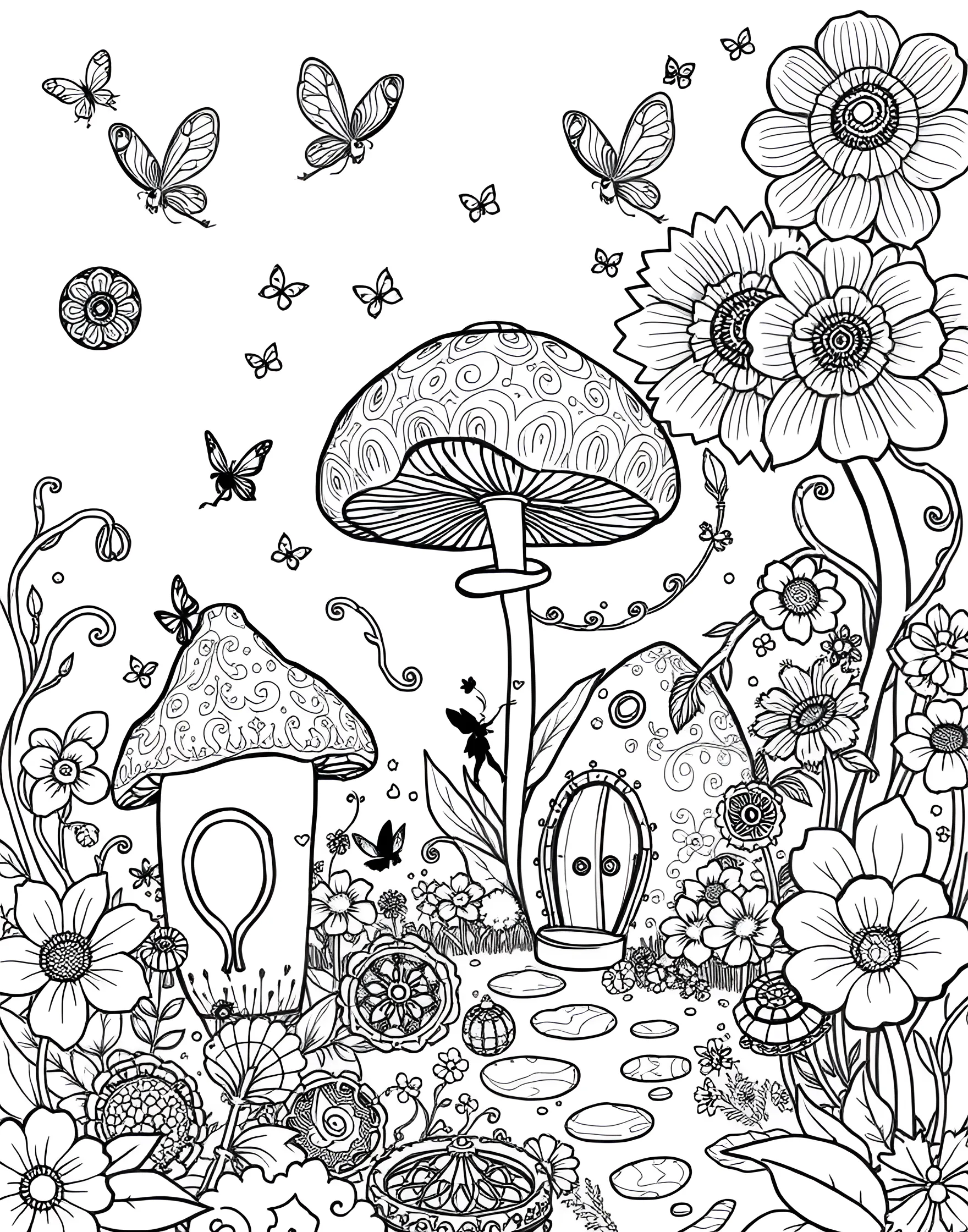 Donut Fairy Garden Coloring Page -- prompt: "A magical garden with fairy donuts, oversized flowers, and mushroom houses made of pastry." -- Enter a magical world with this donut fairy garden coloring page. Tiny fairy donuts flit among oversized flowers and mushroom houses made of pastry. It's an enchanting page that brings together the whimsy of fairy tales and the sweetness of donuts.