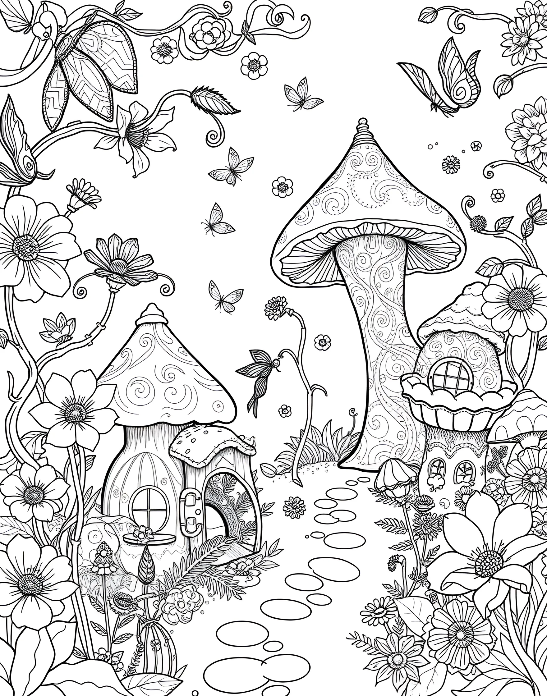 Donut Fairy Garden Coloring Page -- prompt: "A magical garden with fairy donuts, oversized flowers, and mushroom houses made of pastry." -- Enter a magical world with this donut fairy garden coloring page. Tiny fairy donuts flit among oversized flowers and mushroom houses made of pastry. It's an enchanting page that brings together the whimsy of fairy tales and the sweetness of donuts.