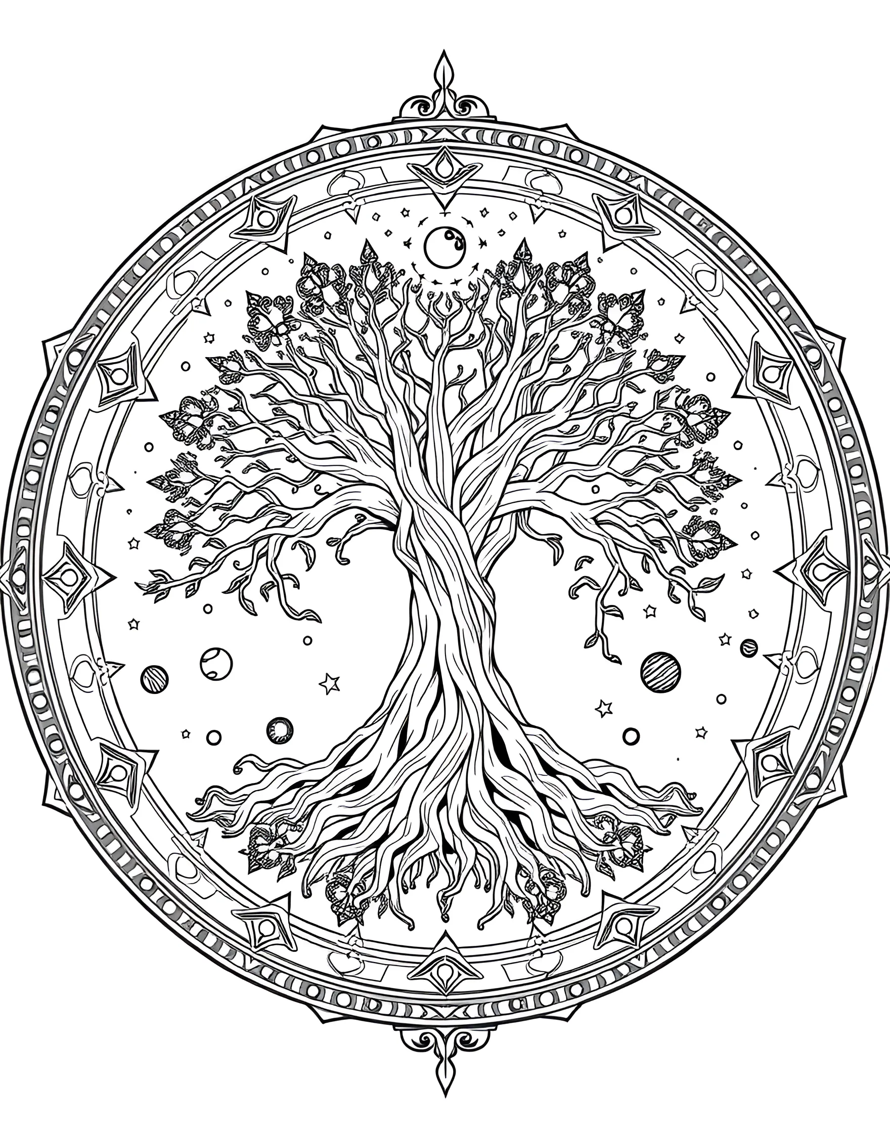 Cosmic Tree of Life Mandala Coloring Page -- prompt: "A circular mandala featuring a tree of life, with roots extending downward and branches reaching upward, surrounded by cosmic elements." -- Connect the earthly and the celestial with this tree of life mandala. Roots reach downward while branches stretch to the stars, all within a circular cosmic design. This page offers a powerful symbol of growth, connection, and the cycles of existence.