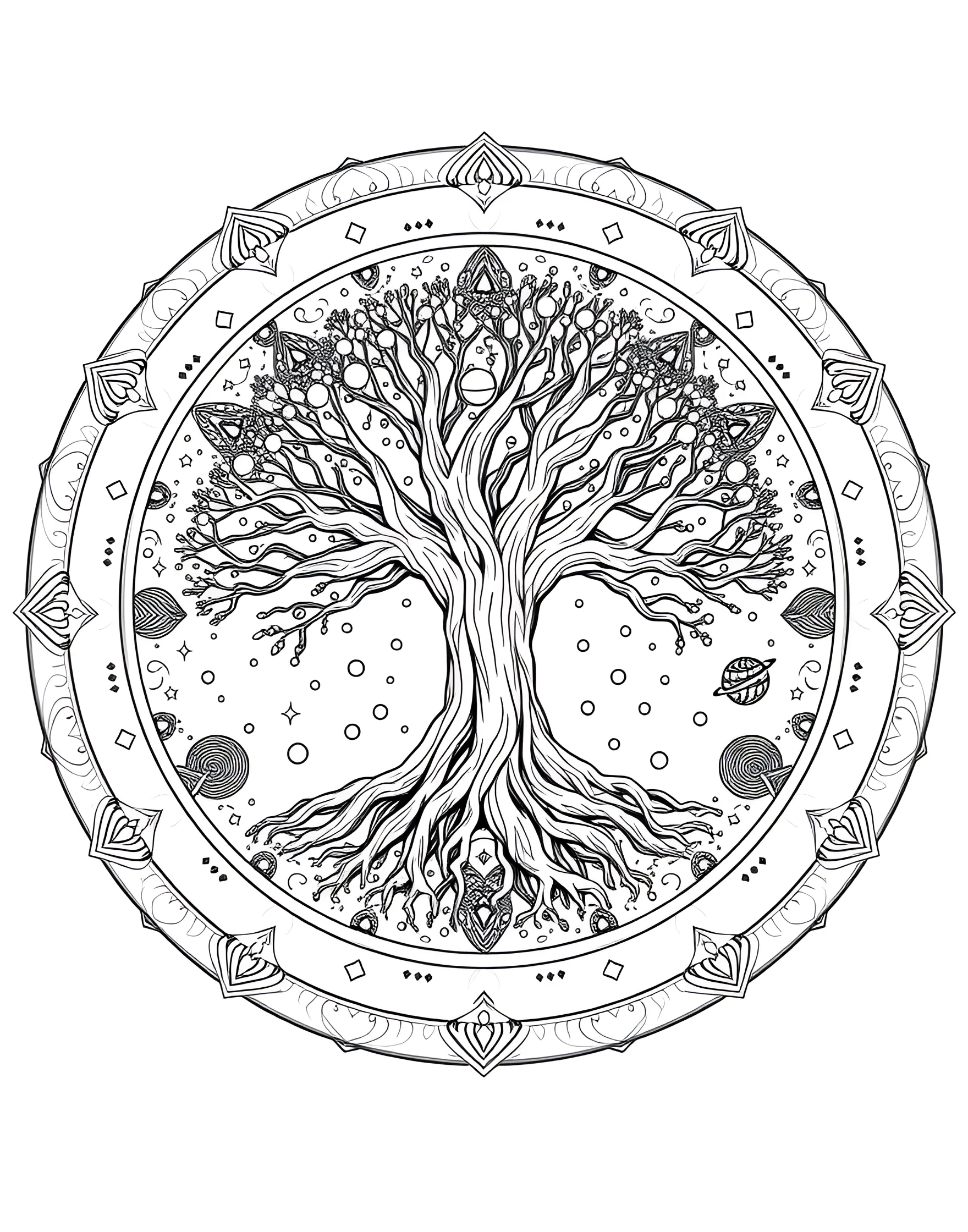 Cosmic Tree of Life Mandala Coloring Page -- prompt: "A circular mandala featuring a tree of life, with roots extending downward and branches reaching upward, surrounded by cosmic elements." -- Connect the earthly and the celestial with this tree of life mandala. Roots reach downward while branches stretch to the stars, all within a circular cosmic design. This page offers a powerful symbol of growth, connection, and the cycles of existence.