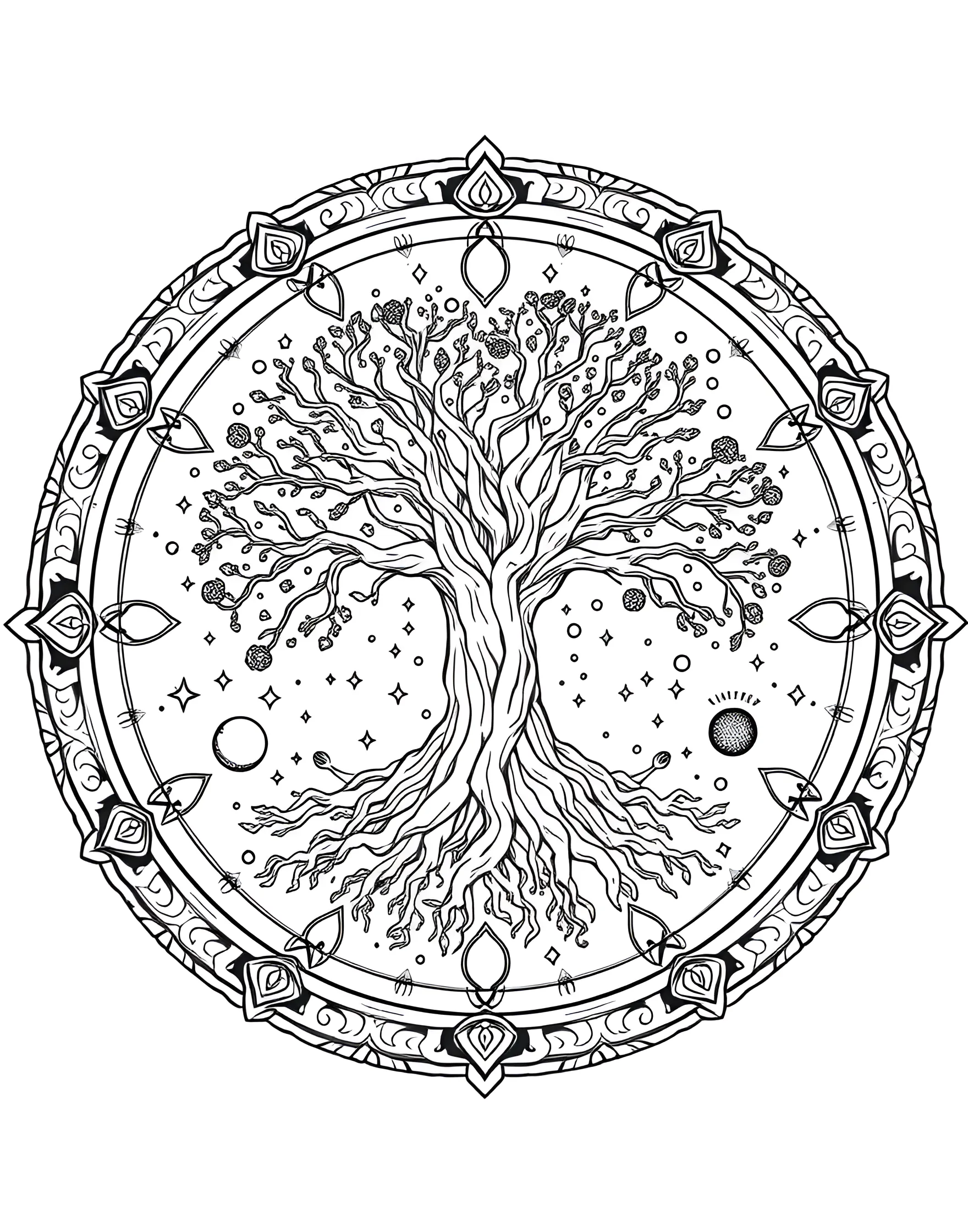 Cosmic Tree of Life Mandala Coloring Page -- prompt: "A circular mandala featuring a tree of life, with roots extending downward and branches reaching upward, surrounded by cosmic elements." -- Connect the earthly and the celestial with this tree of life mandala. Roots reach downward while branches stretch to the stars, all within a circular cosmic design. This page offers a powerful symbol of growth, connection, and the cycles of existence.