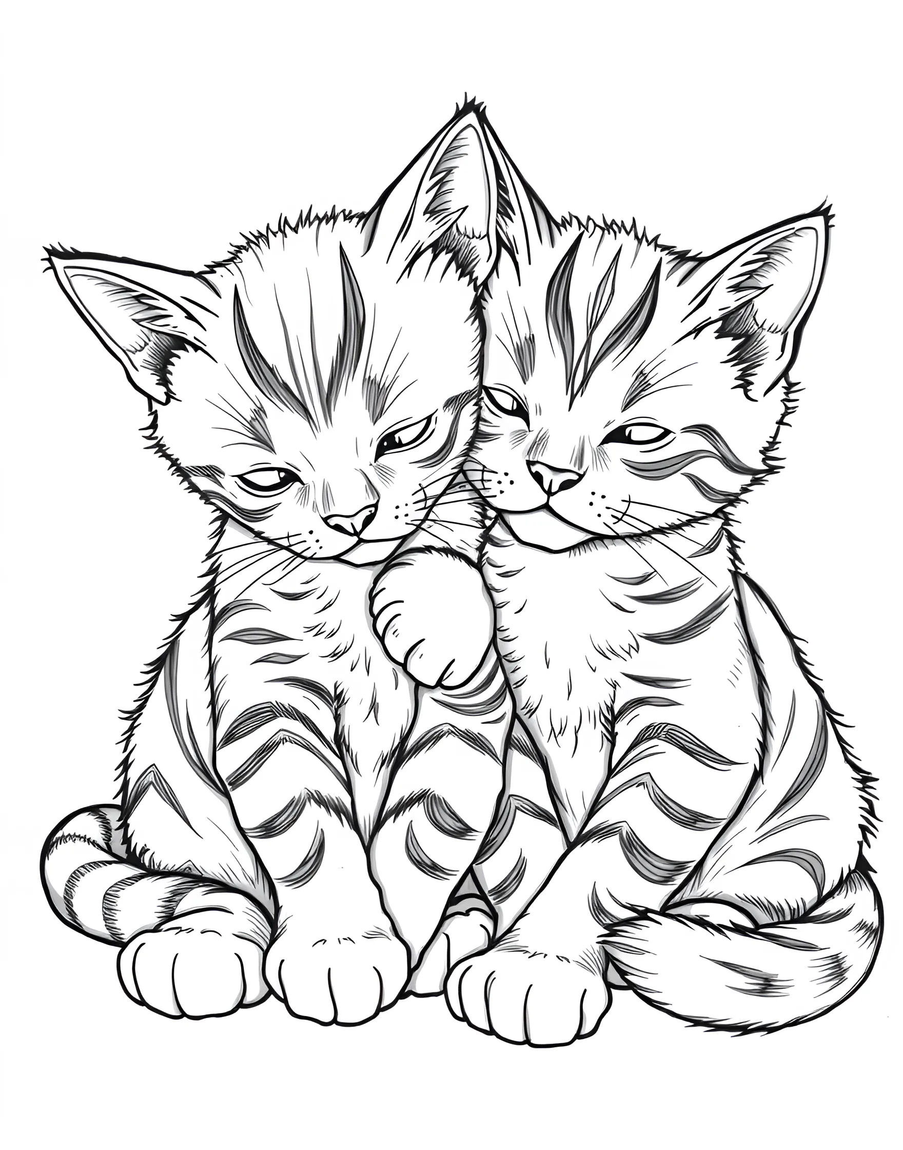 Two Cats Grooming Each Other Coloring Page -- prompt: "Two cats sitting close together, one licking the other's head in a grooming gesture." -- This heartwarming coloring page depicts two cats engaged in mutual grooming. Their intertwined poses and content expressions showcase the bond between feline friends. It's a sweet representation of cat social behavior and affection.