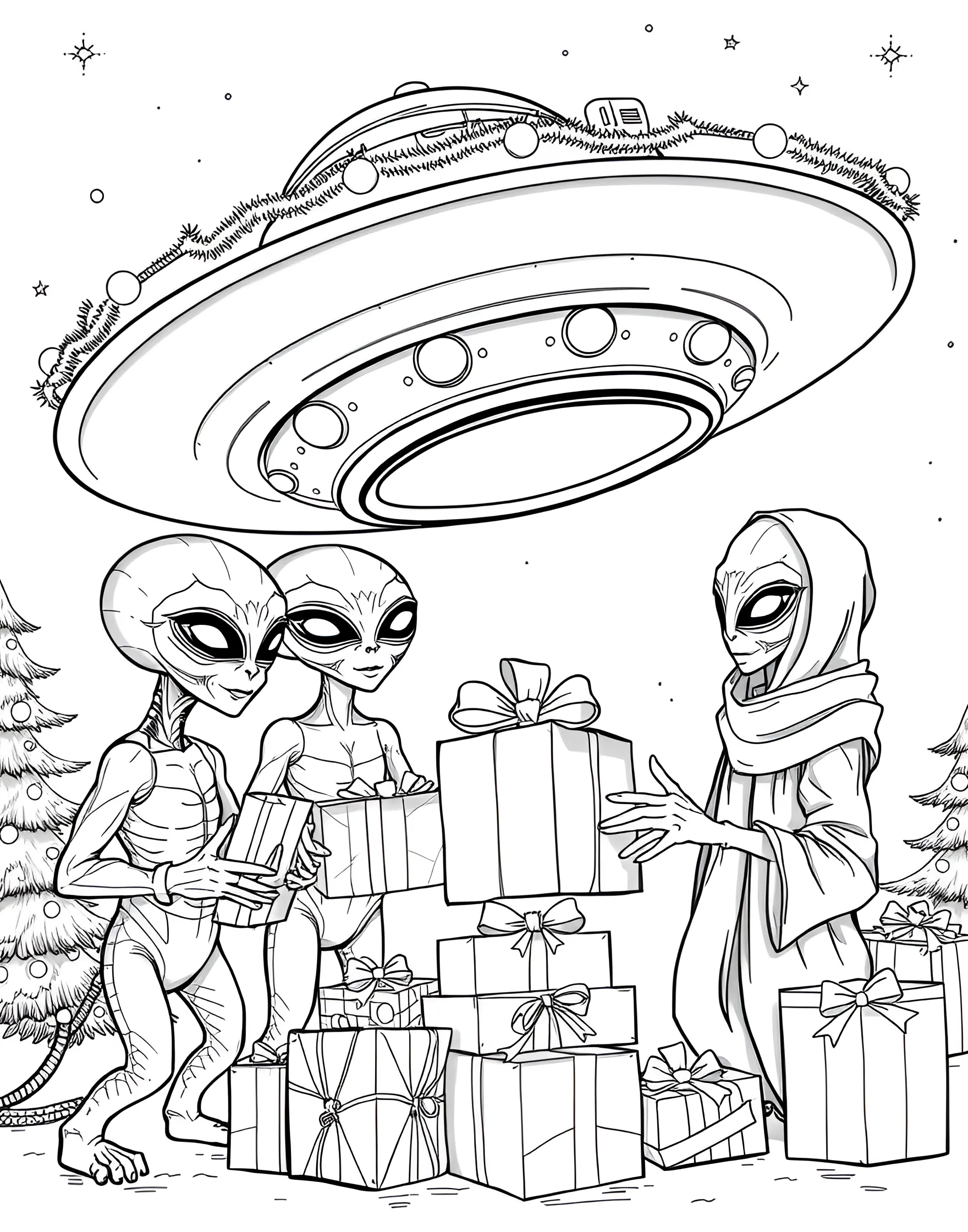 Christmas Alien Encounter Coloring Page -- prompt: "Aliens and humans exchanging Christmas gifts next to a festively decorated flying saucer." -- Imagine an out-of-this-world Christmas with this sci-fi inspired coloring page. Friendly aliens exchange gifts with surprised humans, their spaceship decorated with festive lights. Earth children teach the extraterrestrials how to build a snowman.