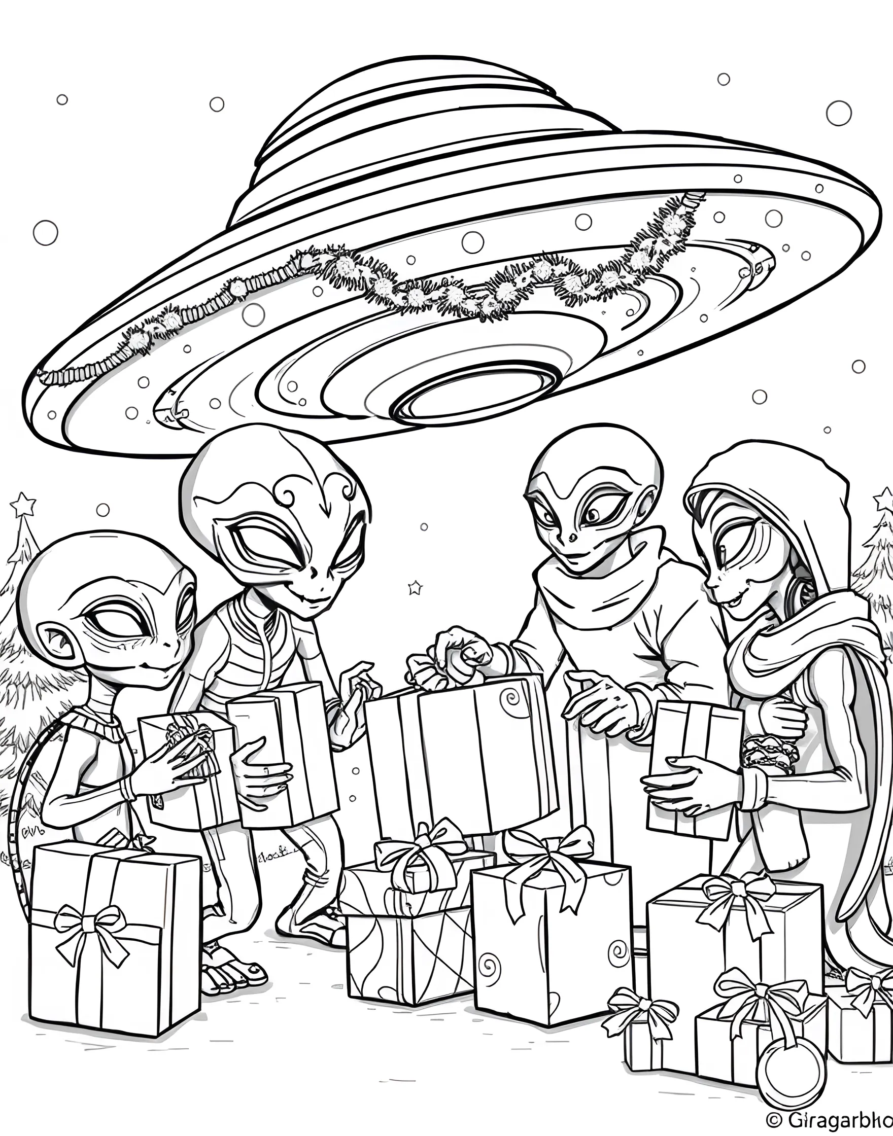 Christmas Alien Encounter Coloring Page -- prompt: "Aliens and humans exchanging Christmas gifts next to a festively decorated flying saucer." -- Imagine an out-of-this-world Christmas with this sci-fi inspired coloring page. Friendly aliens exchange gifts with surprised humans, their spaceship decorated with festive lights. Earth children teach the extraterrestrials how to build a snowman.