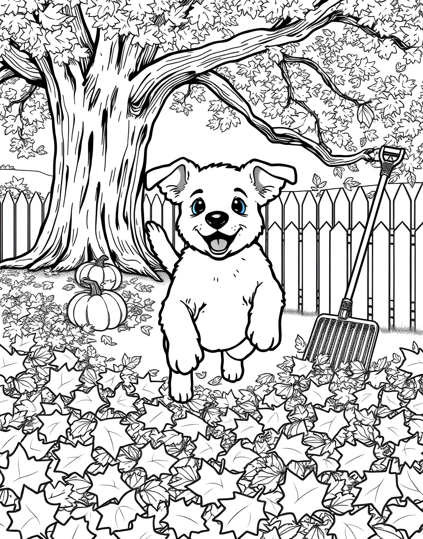 Puppy's Autumn Leaf Pile Adventure Coloring Page -- prompt: "A puppy jumping into a large pile of colorful autumn leaves in a backyard setting." -- This seasonal coloring page shows a joyful puppy playing in a pile of autumn leaves. The pup is leaping into the colorful heap, sending leaves flying in all directions. It's a lively scene that celebrates the fun of fall and a puppy's boundless energy.