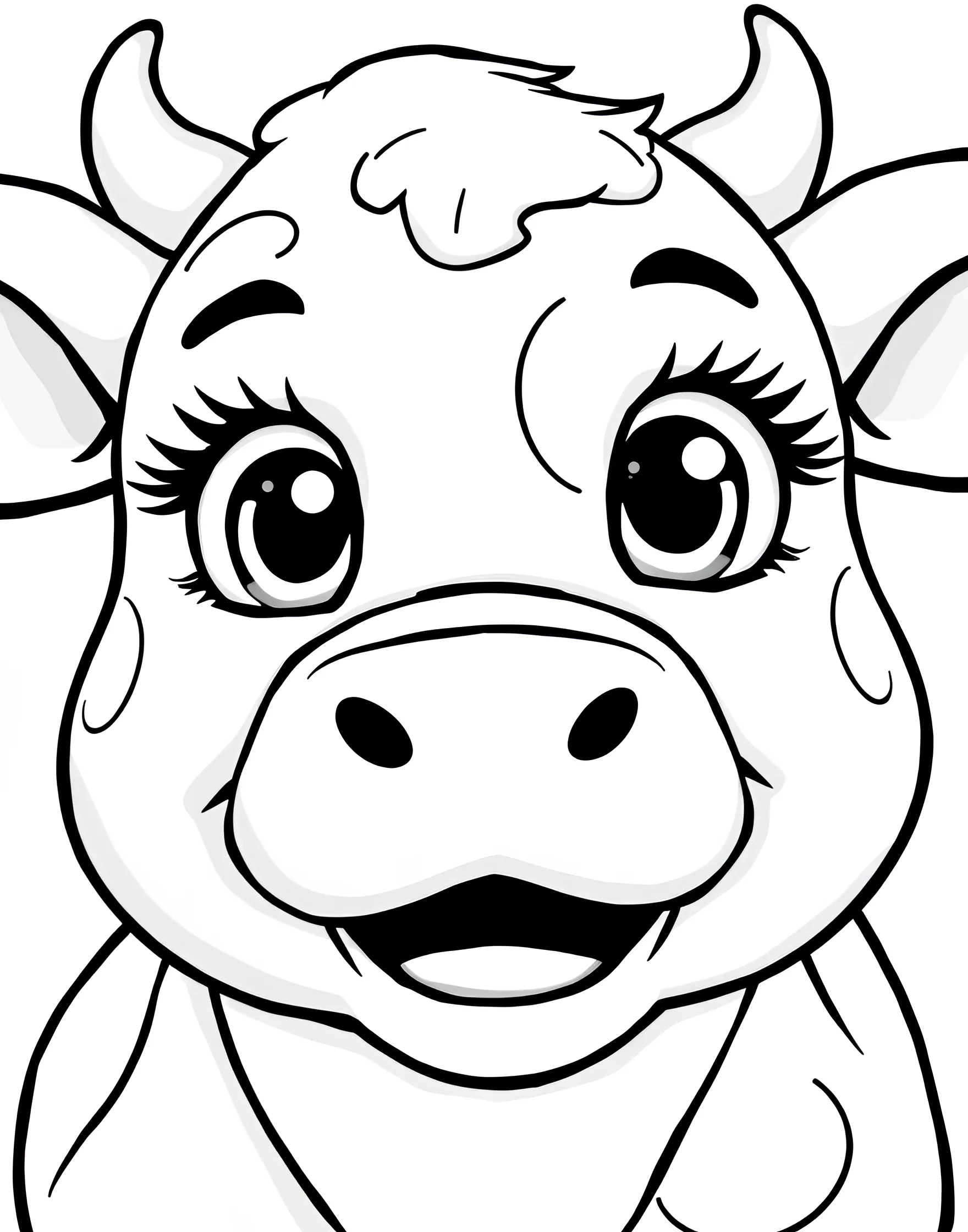 Cute Cartoon Cow Face Coloring Page -- prompt: "A close-up of a cute cartoon cow face with big eyes and a smile." -- Get up close and personal with this adorable cartoon cow face coloring page. The cow's big, expressive eyes and friendly smile are sure to captivate young artists. This simple yet charming design is perfect for younger children or those looking for a quick coloring project.