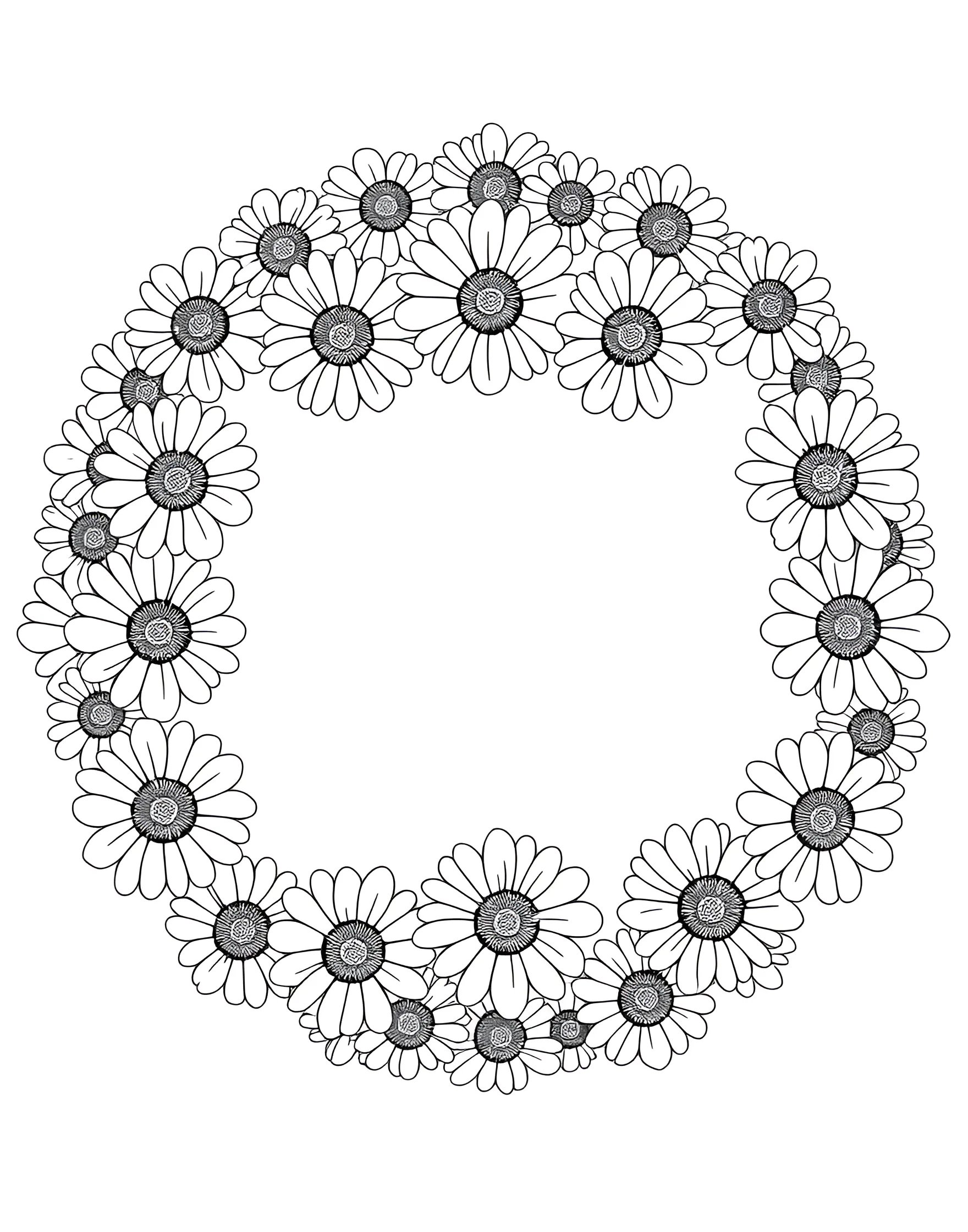 Cheerful Daisy Chain Coloring Page -- prompt: "A whimsical chain of daisies linked together in a circular pattern." -- Relive childhood memories with this cheerful daisy chain coloring page. A string of simple, happy daisies intertwine, ready to be brought to life with your favorite colors. This page is perfect for all ages and skill levels, offering a fun and nostalgic coloring experience.