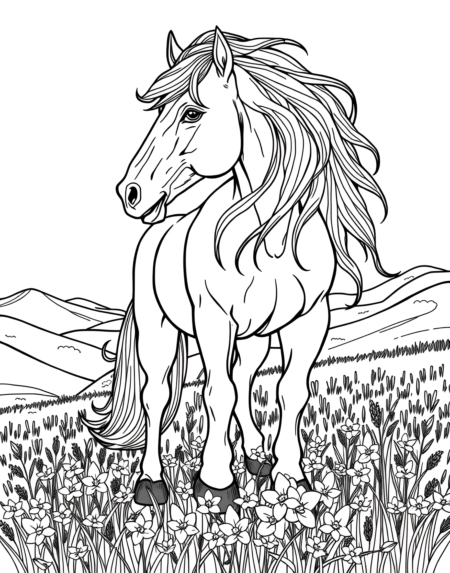 Majestic Stallion in a Meadow Coloring Page -- prompt: "A majestic stallion standing in a meadow with flowing mane, surrounded by wildflowers and rolling hills in the background." -- This stunning coloring page features a proud stallion standing tall in a lush meadow. The horse's muscular form and flowing mane are beautifully detailed, inviting artists to bring this majestic creature to life with their chosen colors. In the background, gentle rolling hills and wildflowers add depth to the scene, creating a perfect pastoral setting for this equine beauty.