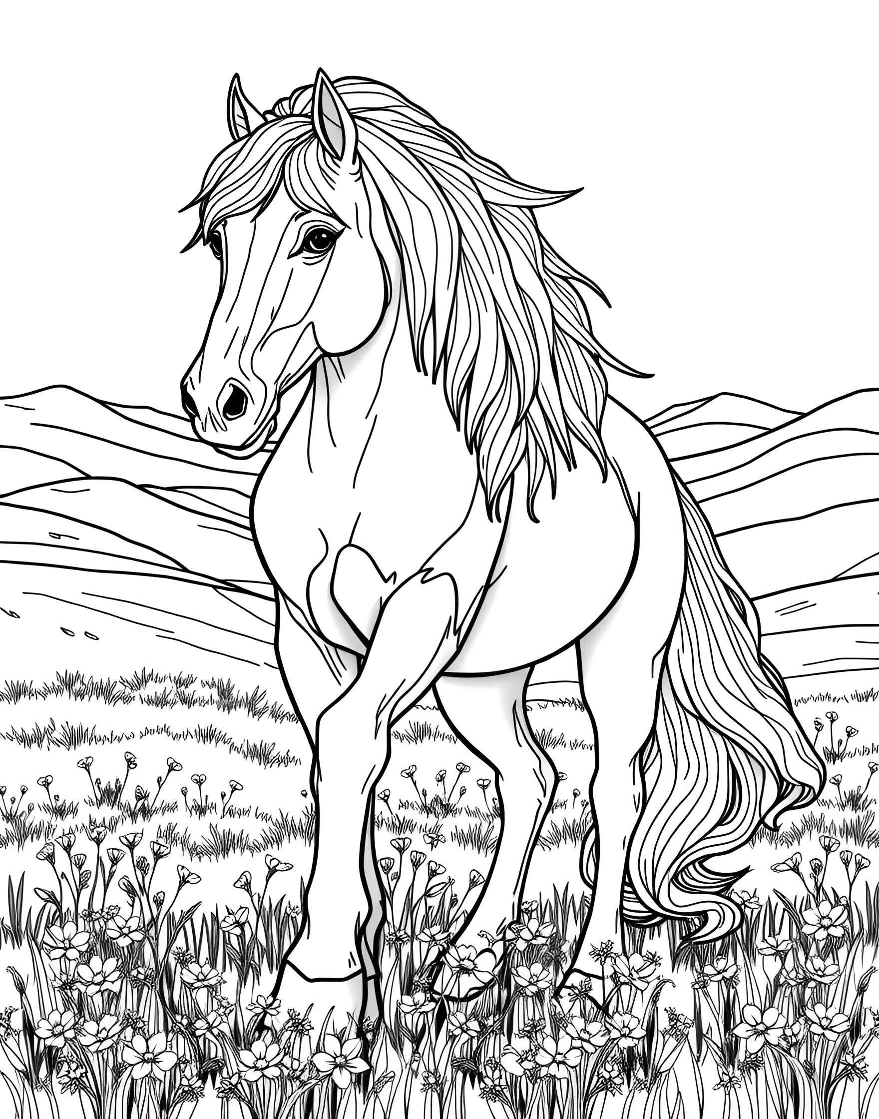 Majestic Stallion in a Meadow Coloring Page -- prompt: "A majestic stallion standing in a meadow with flowing mane, surrounded by wildflowers and rolling hills in the background." -- This stunning coloring page features a proud stallion standing tall in a lush meadow. The horse's muscular form and flowing mane are beautifully detailed, inviting artists to bring this majestic creature to life with their chosen colors. In the background, gentle rolling hills and wildflowers add depth to the scene, creating a perfect pastoral setting for this equine beauty.