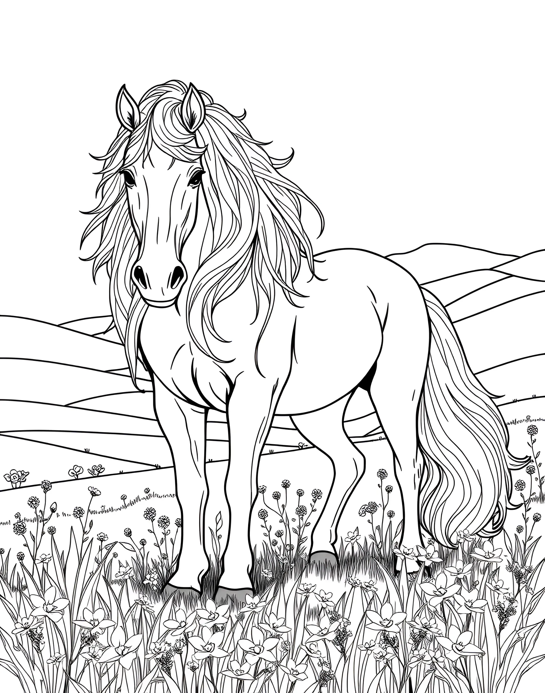 Majestic Stallion in a Meadow Coloring Page -- prompt: "A majestic stallion standing in a meadow with flowing mane, surrounded by wildflowers and rolling hills in the background." -- This stunning coloring page features a proud stallion standing tall in a lush meadow. The horse's muscular form and flowing mane are beautifully detailed, inviting artists to bring this majestic creature to life with their chosen colors. In the background, gentle rolling hills and wildflowers add depth to the scene, creating a perfect pastoral setting for this equine beauty.