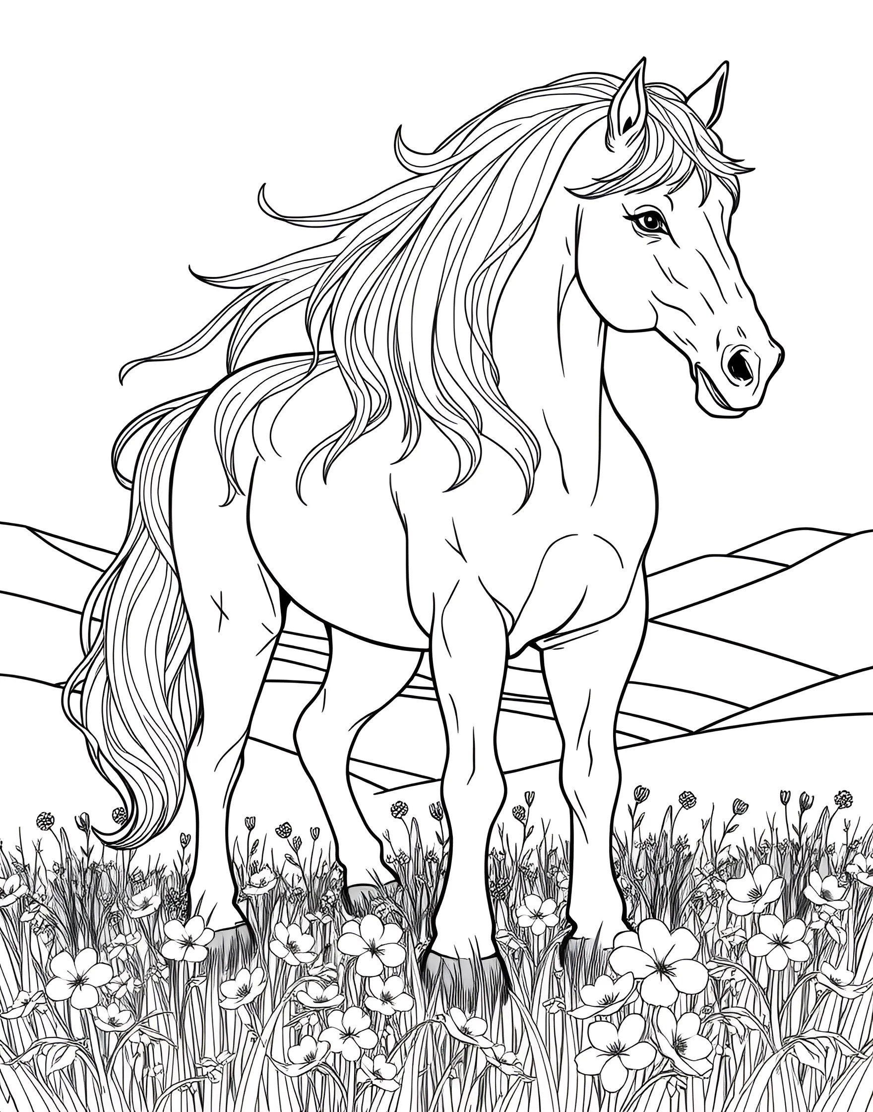 Majestic Stallion in a Meadow Coloring Page -- prompt: "A majestic stallion standing in a meadow with flowing mane, surrounded by wildflowers and rolling hills in the background." -- This stunning coloring page features a proud stallion standing tall in a lush meadow. The horse's muscular form and flowing mane are beautifully detailed, inviting artists to bring this majestic creature to life with their chosen colors. In the background, gentle rolling hills and wildflowers add depth to the scene, creating a perfect pastoral setting for this equine beauty.