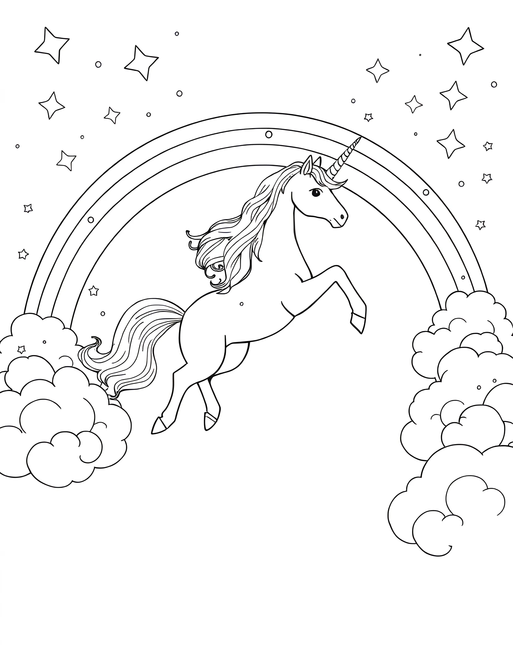 Unicorn Sliding Down a Rainbow Coloring Page -- prompt: "A unicorn sliding down a curved rainbow with its mane and tail flowing behind it." -- Delight in the whimsy of this charming coloring page featuring a playful unicorn sliding down a rainbow. The unicorn's mane and tail flow behind it, adding a sense of motion to the scene. This page combines the magic of rainbows and unicorns, offering a fun and fanciful coloring experience.