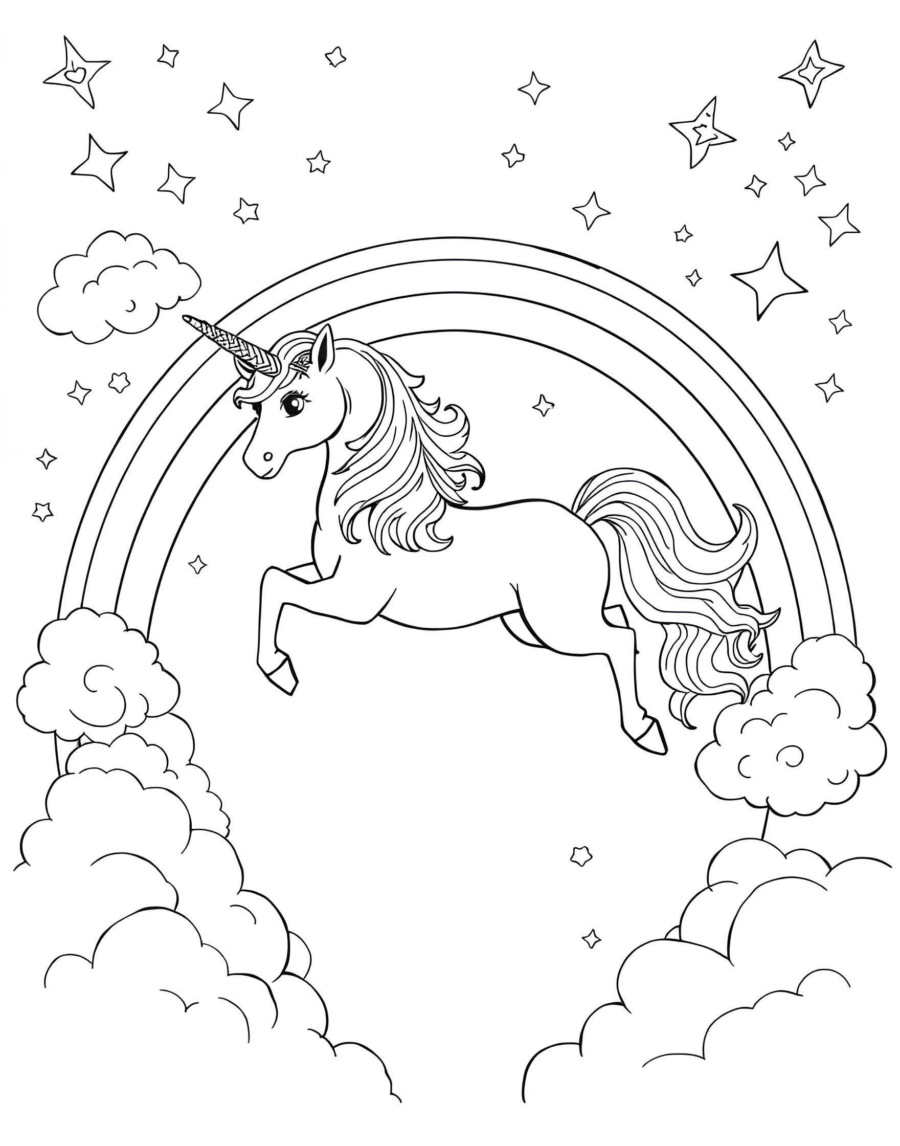 Unicorn Sliding Down a Rainbow Coloring Page -- prompt: "A unicorn sliding down a curved rainbow with its mane and tail flowing behind it." -- Delight in the whimsy of this charming coloring page featuring a playful unicorn sliding down a rainbow. The unicorn's mane and tail flow behind it, adding a sense of motion to the scene. This page combines the magic of rainbows and unicorns, offering a fun and fanciful coloring experience.