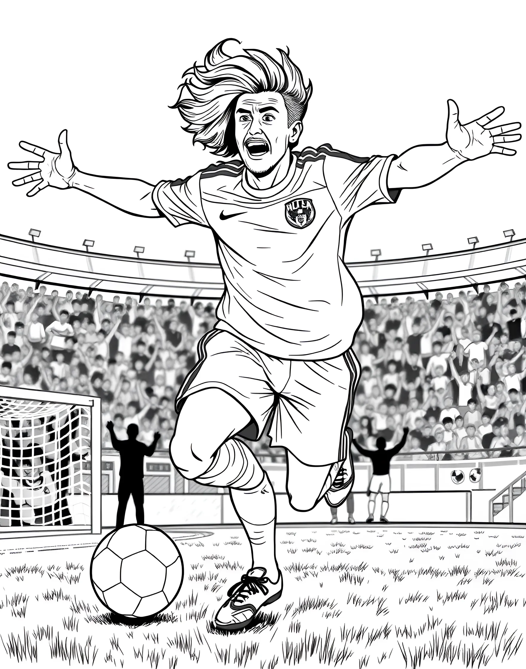 Soccer Goal Celebration Coloring Page -- prompt: "A soccer player running with arms outstretched in celebration after scoring a goal." -- Capture the joy of scoring a goal with this energetic coloring page. It depicts a player with arms outstretched, running in celebration after scoring. The background hints at cheering fans, adding to the atmosphere of triumph.