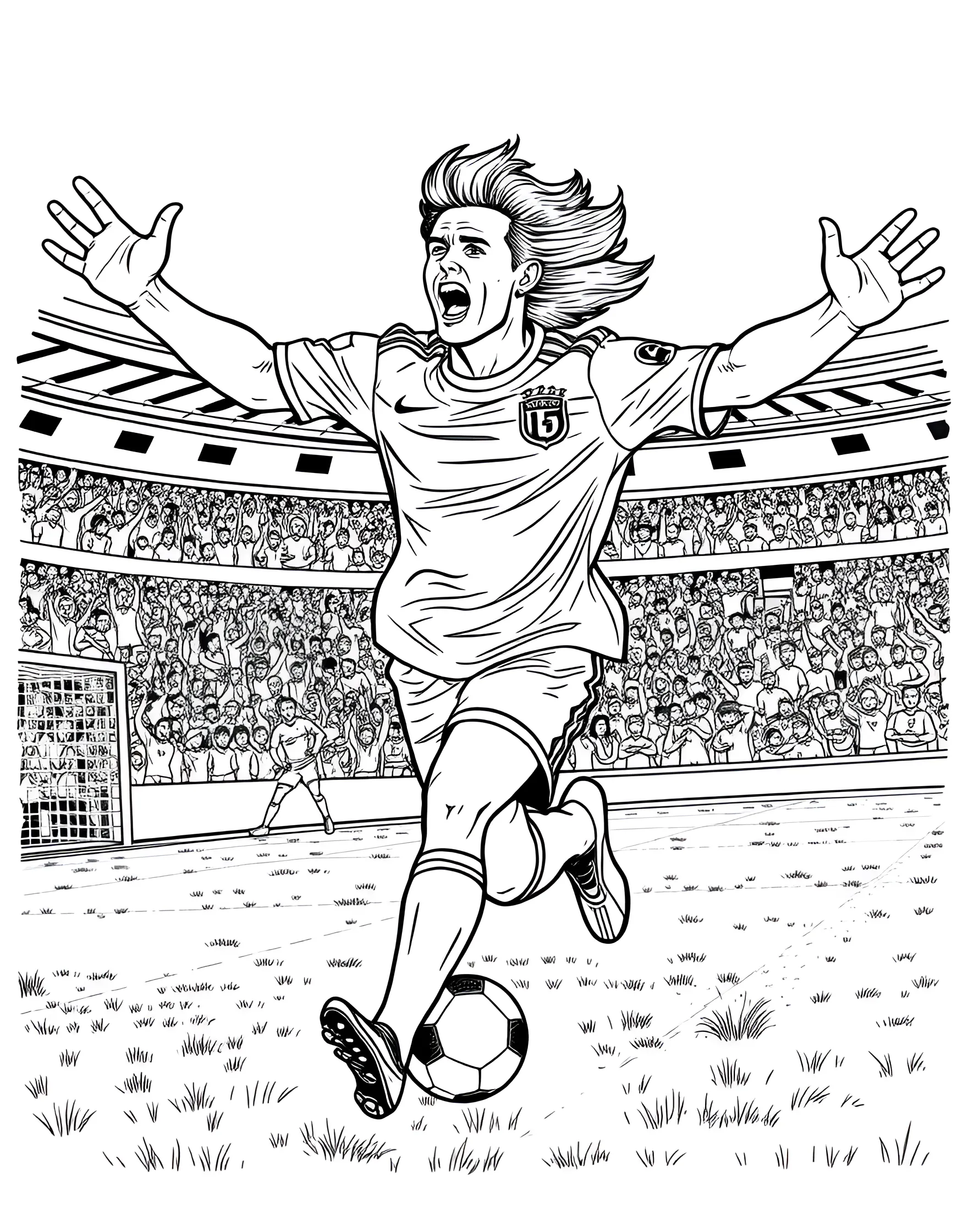 Soccer Goal Celebration Coloring Page -- prompt: "A soccer player running with arms outstretched in celebration after scoring a goal." -- Capture the joy of scoring a goal with this energetic coloring page. It depicts a player with arms outstretched, running in celebration after scoring. The background hints at cheering fans, adding to the atmosphere of triumph.