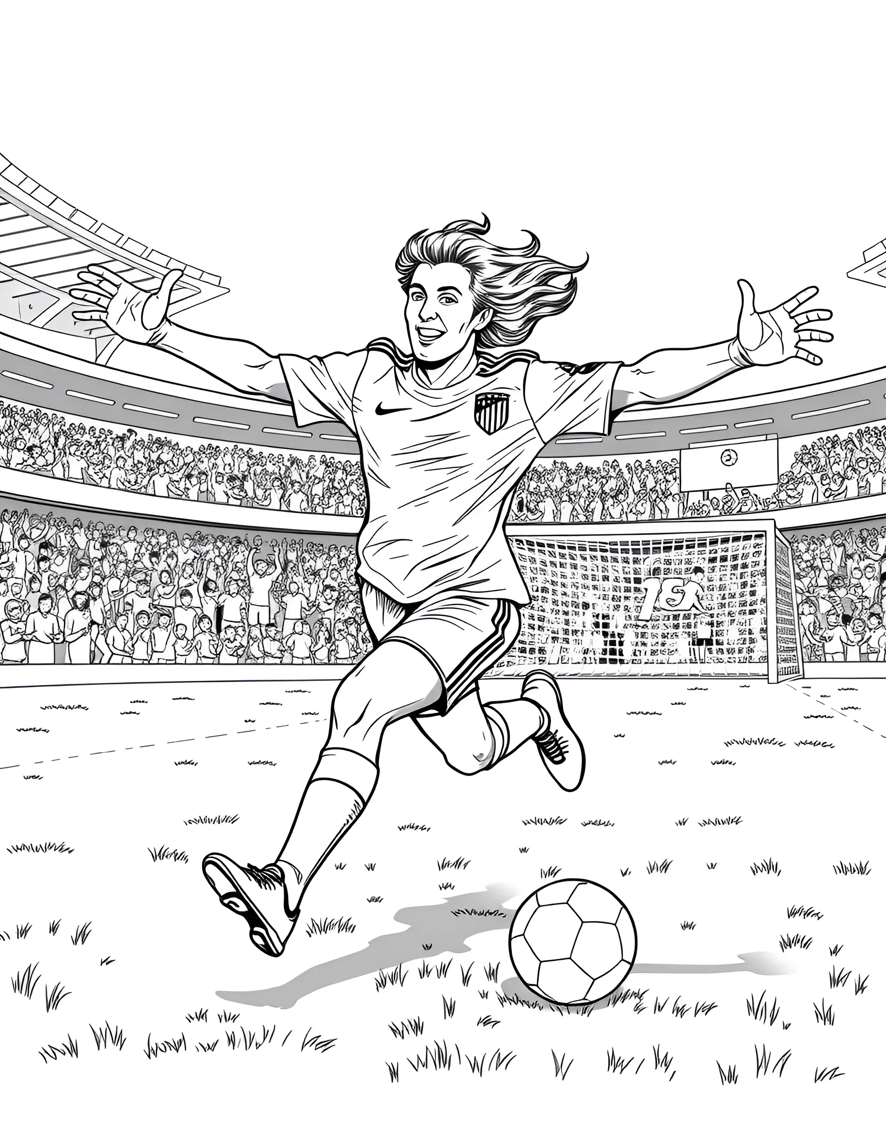 Soccer Goal Celebration Coloring Page -- prompt: "A soccer player running with arms outstretched in celebration after scoring a goal." -- Capture the joy of scoring a goal with this energetic coloring page. It depicts a player with arms outstretched, running in celebration after scoring. The background hints at cheering fans, adding to the atmosphere of triumph.