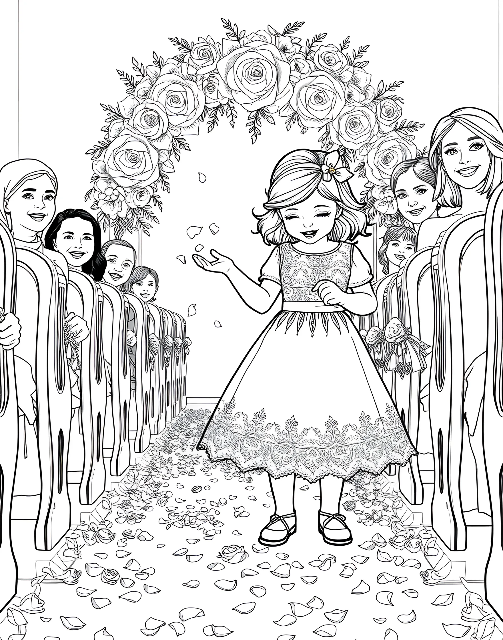 Flower Girl Scattering Petals Coloring Page -- prompt: "A flower girl in a frilly dress scattering rose petals as she walks down the aisle." -- This delightful coloring page features a flower girl spreading rose petals down the aisle. Her dress is full of frills and bows, while her basket overflows with petals. The joy on her face as she performs her important role is sure to bring a smile.