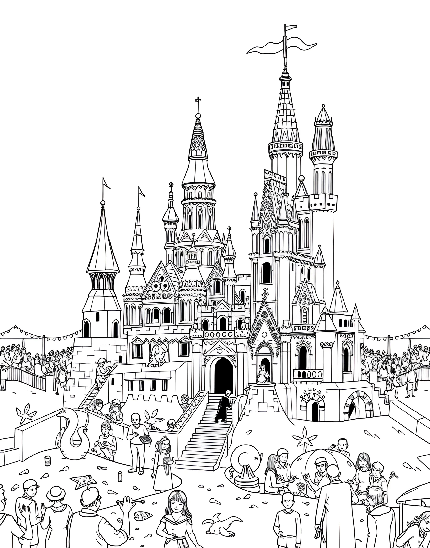 Sandcastle Competition Coloring Page -- prompt: "A beach sandcastle competition with elaborate sand sculptures and sculptors at work, surrounded by spectators." -- Witness the artistry of sand sculpture with this impressive sandcastle competition scene. The page features elaborate sand creations ranging from fairy tale castles to sea creatures, with skilled sculptors adding final touches. Spectators admire the works while judges prepare to crown a winner.