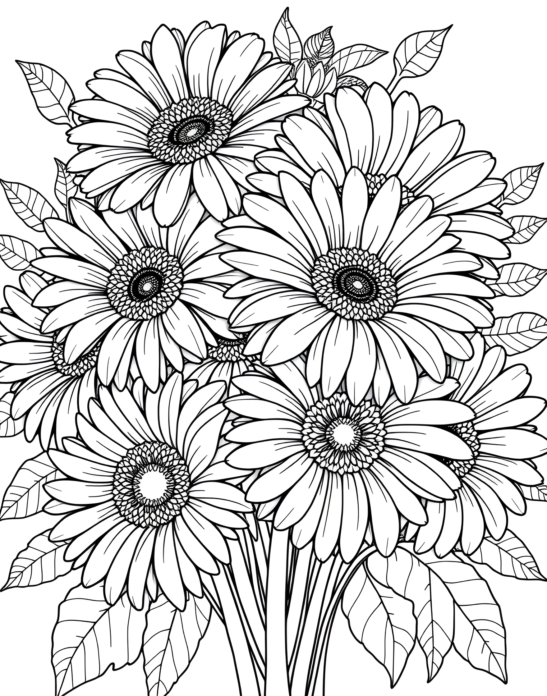 Cheerful Gerbera Daisy Bouquet Coloring Page -- prompt: "A bouquet of gerbera daisies with their large, cheerful blooms in various positions." -- Brighten your day with this cheerful gerbera daisy bouquet coloring page. The large, vibrant blooms of gerbera daisies offer a fun and uplifting coloring experience. This page is great for those who love bold, happy flowers and enjoy playing with bright color palettes.